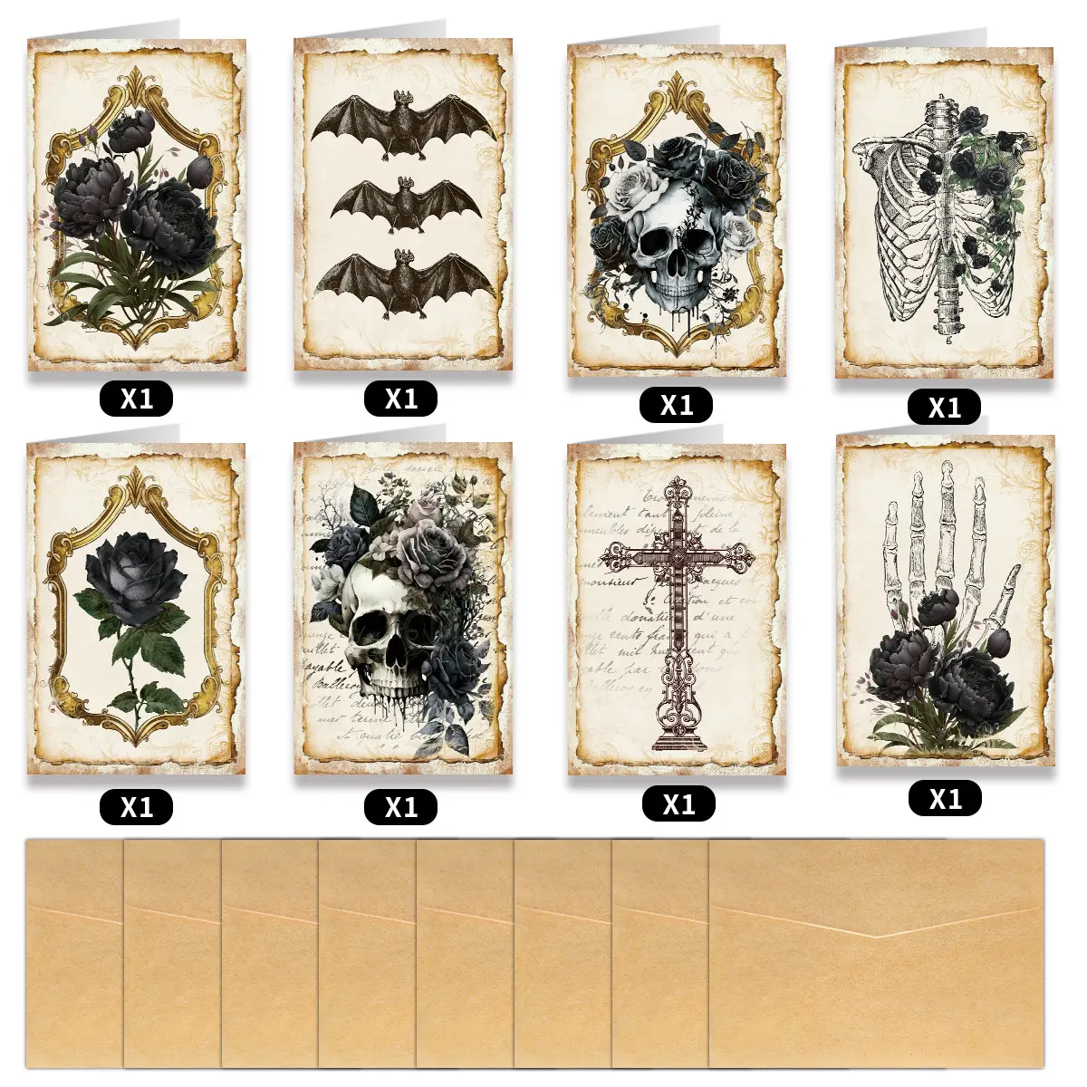 8pcs Gothic Skeleton Floral Greeting Cards with Envelopes - Dark Halloween Celebration Cards for Friends & Family, Perfect for Halloween, Birthdays, Sympathy, Holidays & Baptism