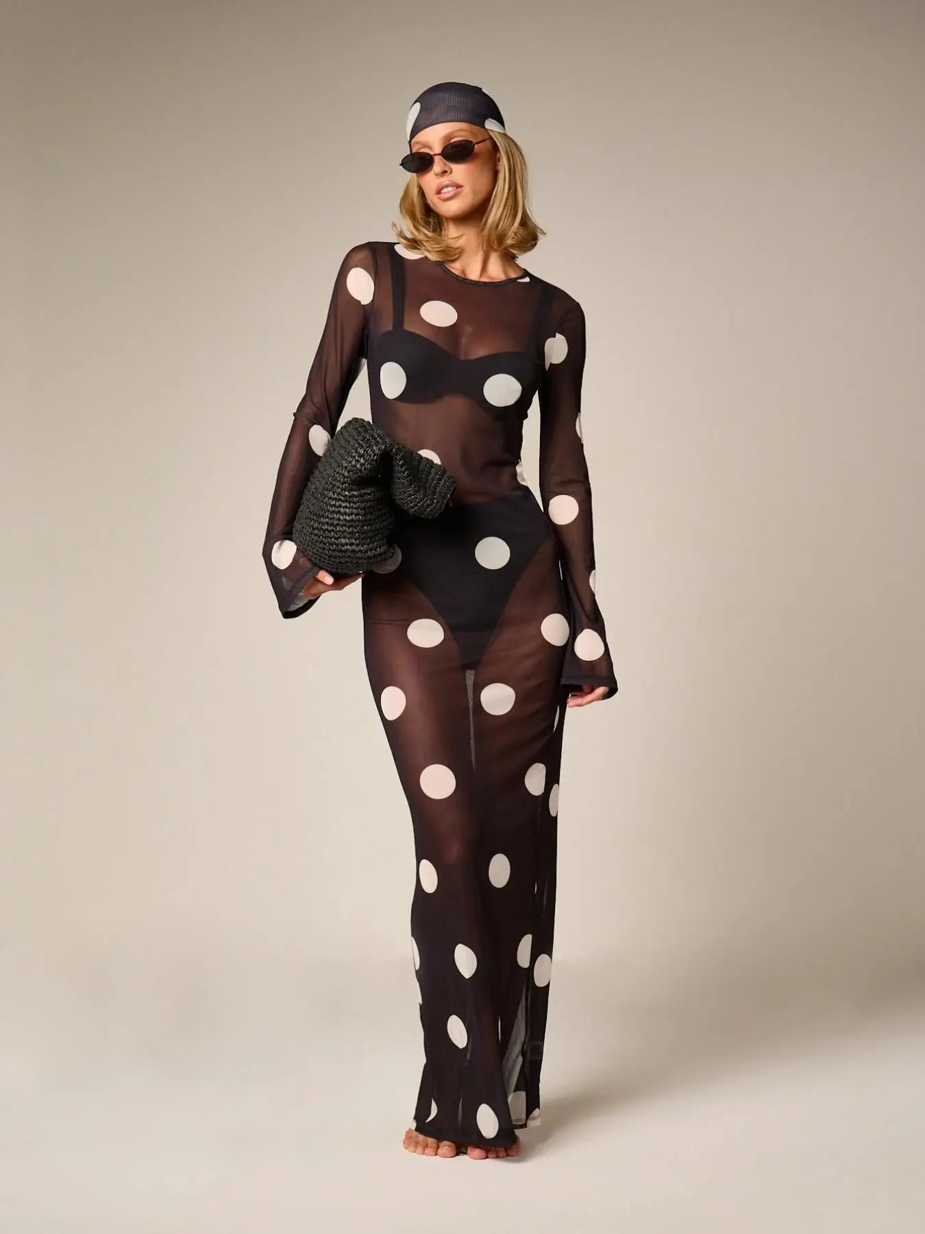 Women Polka Dot Sheer Mesh Maxi Dress, Long Sleeve Flare Cuff See‑Through Bodycon Coverup, Slim Fit Round Neck Sheer Gown, Lightweight Breathable Mesh Fabric, Trendy Retro streetwear for women, Chic Beach Club Party Vacation Going‑Out Stylish Look