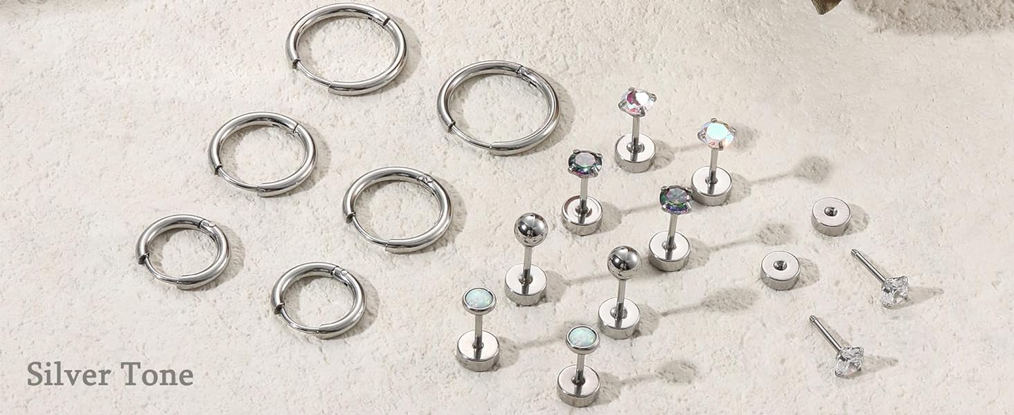 Jstyle 8 Pairs Surgical Steel Earrings for Sensitive Ears Hypoallergenic 20G Stainless Steel Stud Hoop Earrings for Women Men Small Opal Ball CZ Studs & Hoops Jewelry - Studearrings