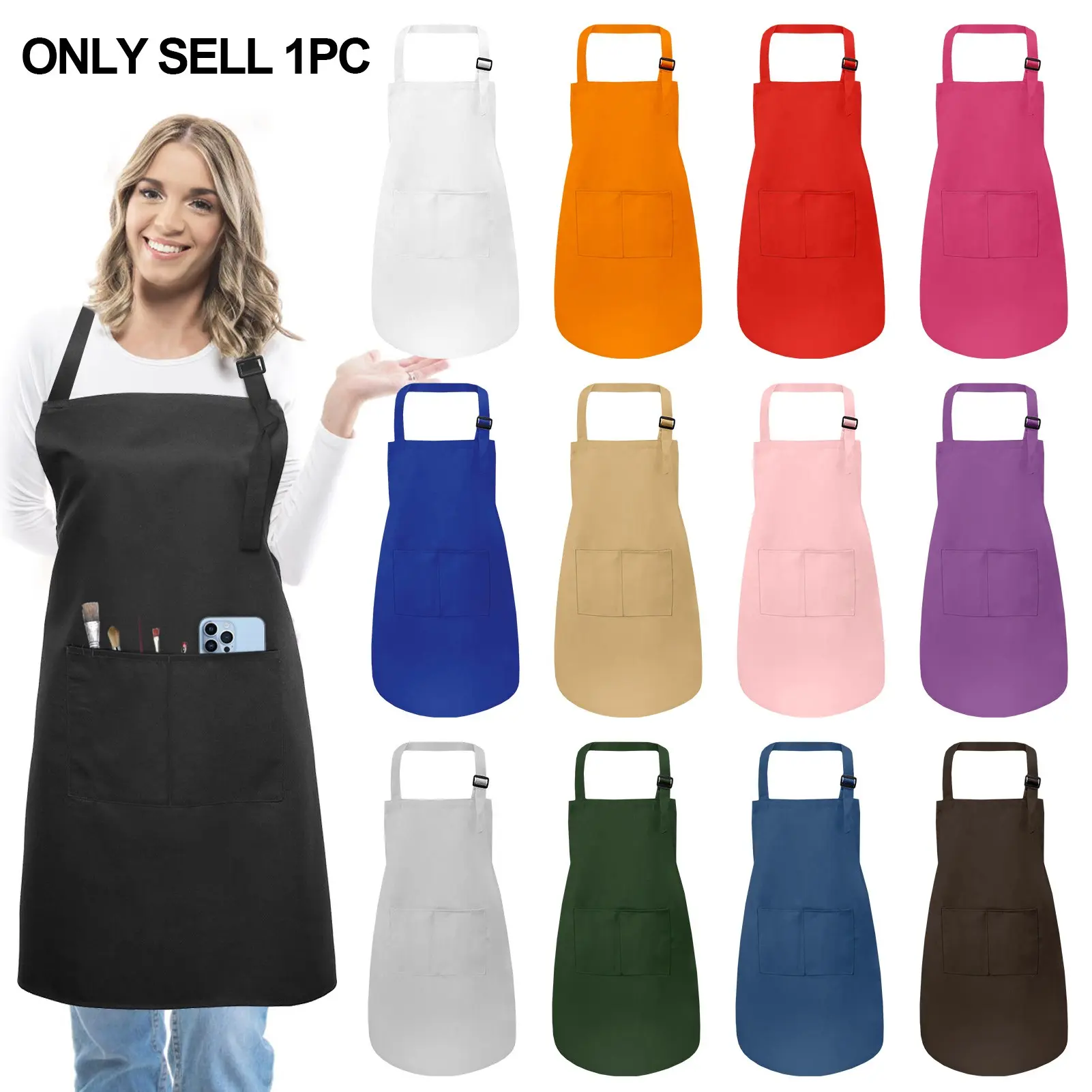 1PCS Adjustable Waterproof Oil-Resistant Polyester Apron with Pockets, Two Pockets, Unisex Kitchen Essential for Cooking and Grilling, Kitchen Cooking Aprons