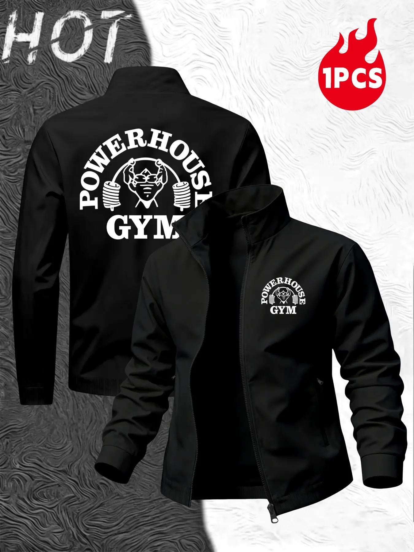 Men's Lapel Zipper Sport Jacket, Powerhouse Gym Print Outerwear, Comfortable High-Quality Training Top, All Seasons