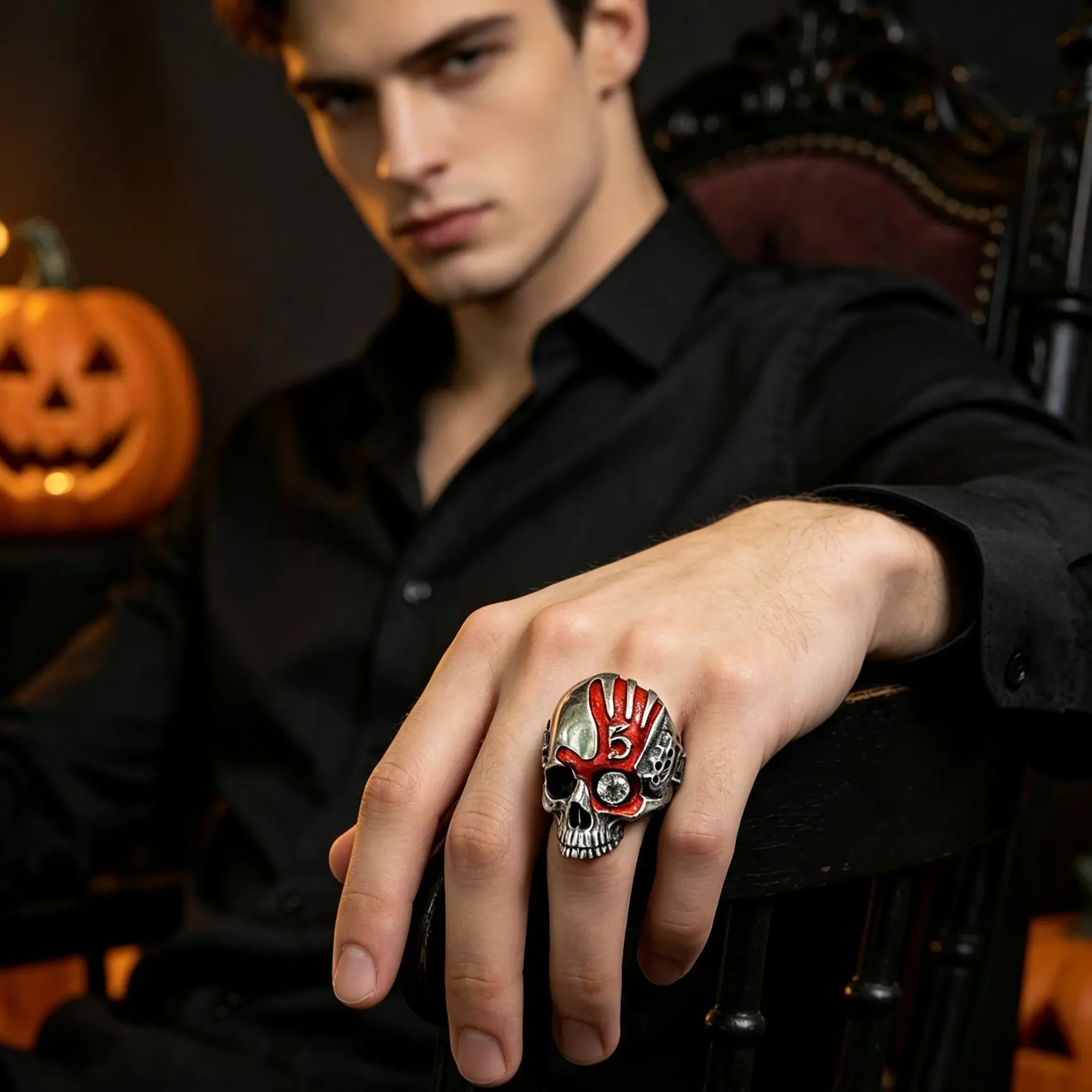 Halloween Five‑Finger Punch Skull Ring, Vintage Chunky Gothic Skeleton Ring, Silver Black Retro Punk Stainless Steel Band, Goth Jewelry Gifts for Men