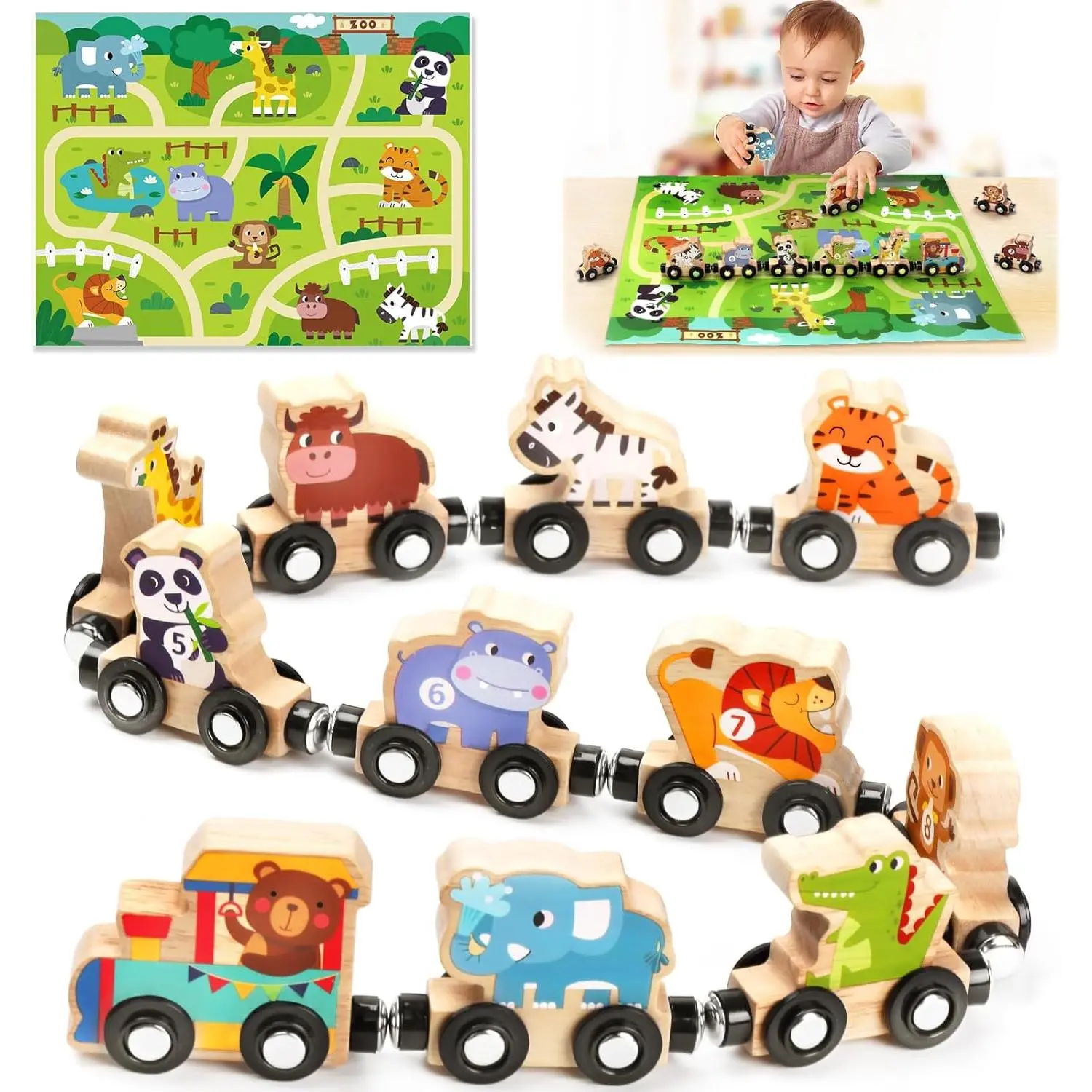 Toys for 1 2 3 Year Old Boys Girls, Montessori Toys Magnetic Wooden Train Set Gifts for 2-3-4 Year Old Boy Girl Educational Toddler Toy Birthday Presents Age 1+ Kids Animal Farm Games with Track Mat