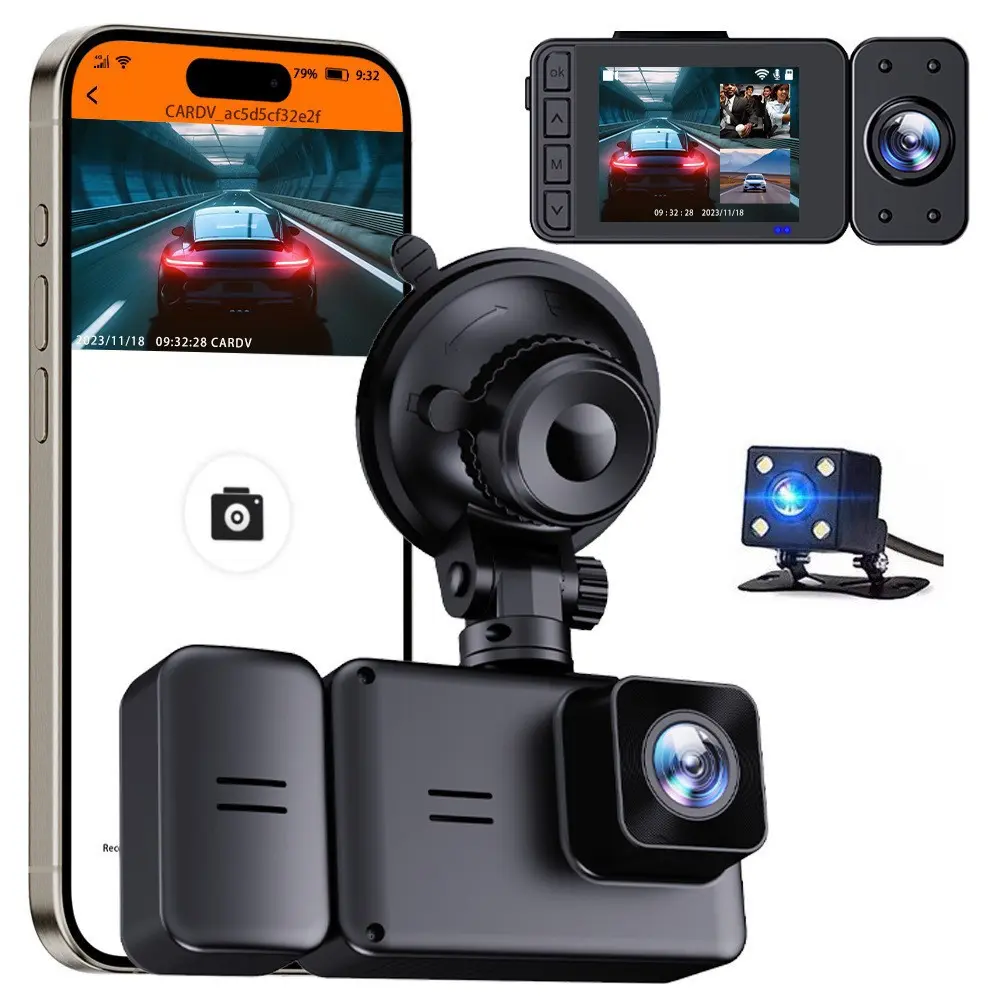 3 Camera Car Dvr Recorder, Front Internal Rear 1080P HD Video, 2.0 Inch Screen WiFi Connect, Loop Recording, No Memory Card Included