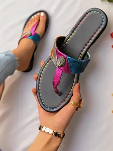 2026 New Colorblock Sandals for Women, Summer Outdoor Retro Eagle Head Rhinestone Flip Flops, Flat Soft Sole Beach Slippers