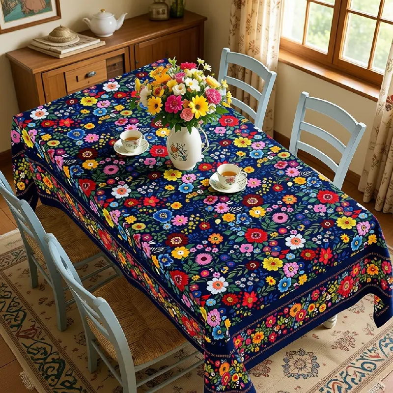Colorful Floral Tablecloth, Navy Blue with Multicolor Flowers and Decorative Borders, Round, Rectangular and Oval Shapes for Dining Rooms, Parties and Outdoor Gatherings, polyester, washable, clearance sale