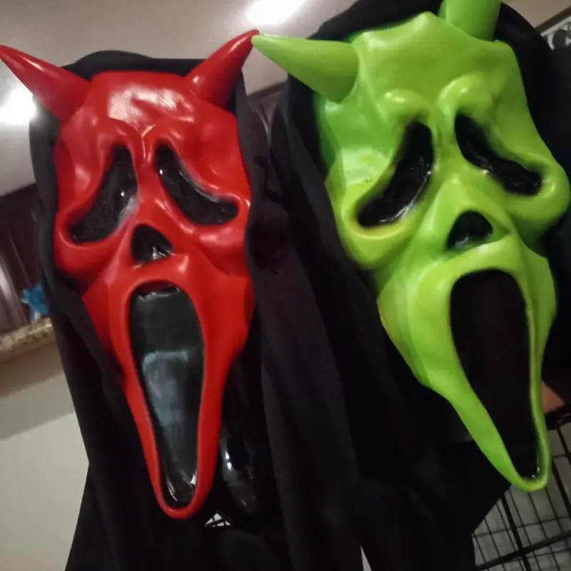 Scary Screaming Ghost Face Latex Mask with Horns Halloween Cosplay Prop
