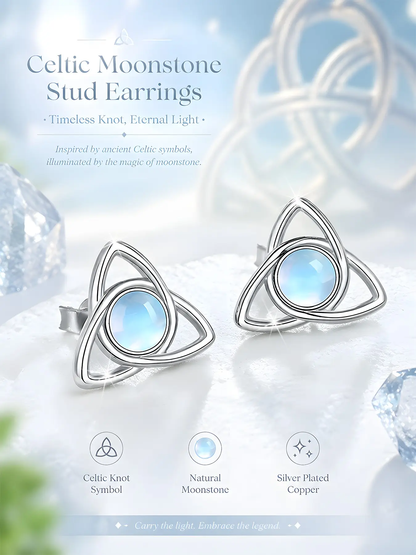 A pair of 925 silver plated Celtic knot moonstone earrings, Unique High Quality earrings, for women, nickel-free, simple, and versatile, hypoallergenic, suitable for daily wear, perfect gift for friends' birthdays, festivals, Valentine's Day