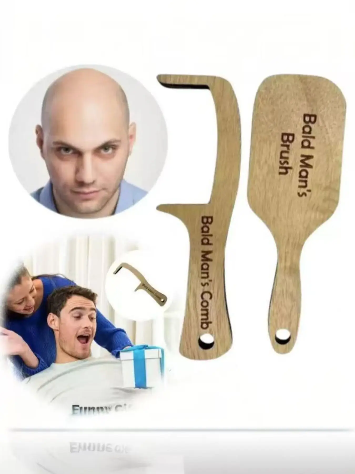 2Pcs Bald Man's Brush & Comb Set, Funny Wooden Toothless Hairless Gag Prank Gift for Bald Guys, Novelty Joke Present for Hair Loss Men, Dad Birthday Father’s Day Christmas Party Favor, Adult Hilarious Prank Toy for Friends with Thinning Hair Chrome Dome