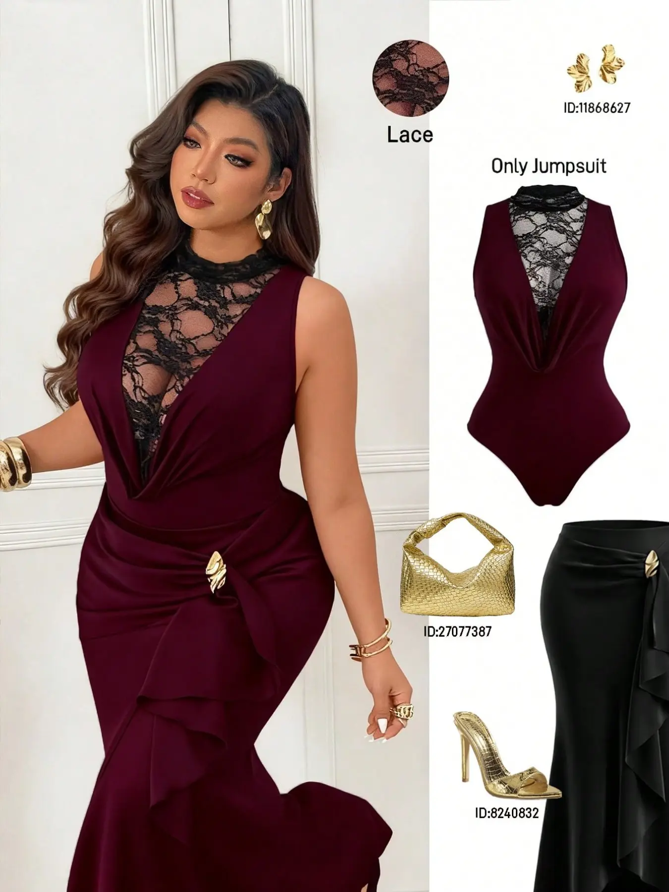 Plus Size Women's Lace Half High Neck Sleeveless Bodysuit, Solid Color Knit Pleated Deep V Sexy Slim Fit Party Top, Trendy Ladies'