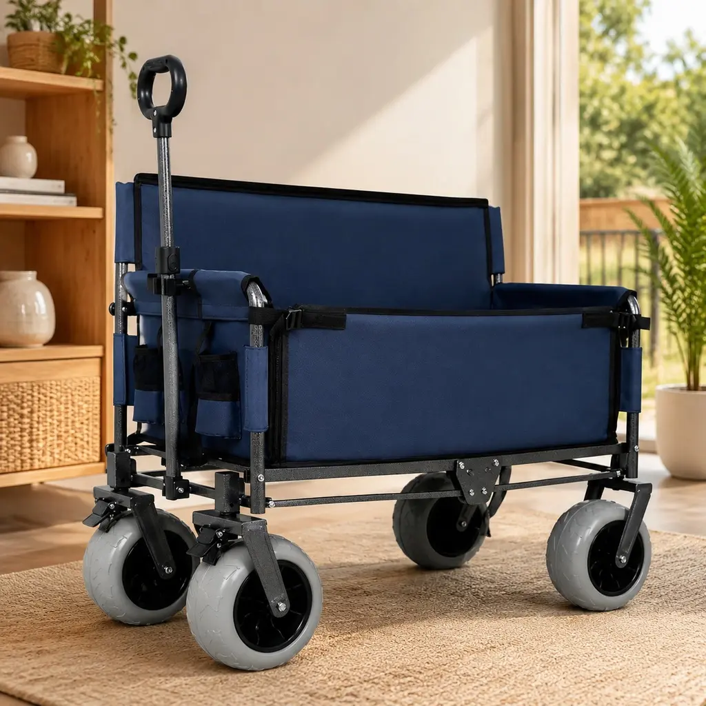 Heavy-Duty Collapsible Folding Wagon Cart - 3-in-1 Multifunctional Work Cart/Folding Trolley, 600D Oxford Fabric, Carbon Steel Frame, 500 lbs Capacity, 180L Cargo, 9x4in All-Terrain Wheels, Dark Blue for Beach Camping, Multifunctional Folding Cart