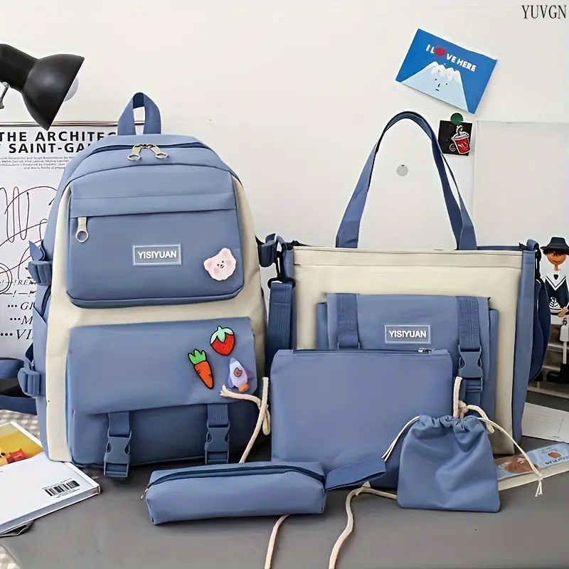 2026 Trendy Korean Style 5 in 1 Large Capacity Backpack Set, Multifunctional Student Bookbag with Matching Pouches and Zippered Compartments, Casual Daypack for College Campus Travel Shopping Daily Errands