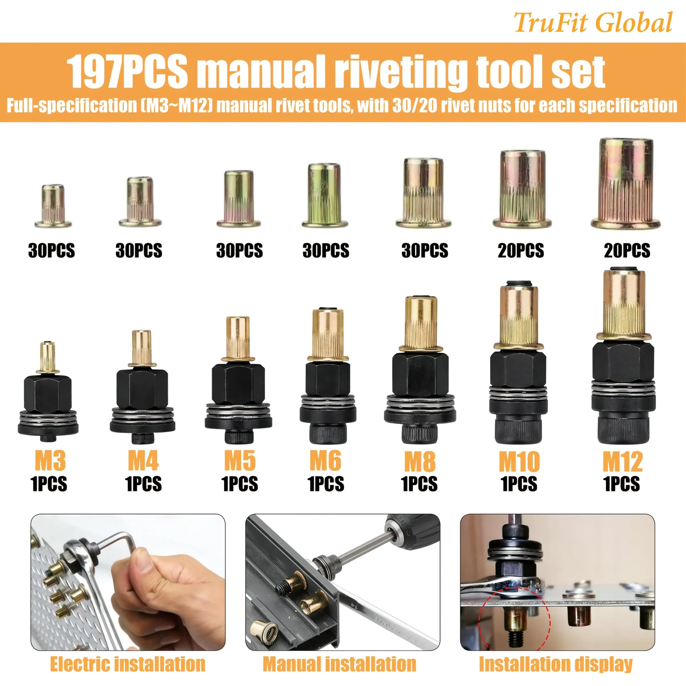 197pcs Manual Rivet Tool Set, Hardware, Screw nut, M3-M2 Sizes, Easy Installation, Suitable for Cars, Home Renovation, Industrial Use, DIY Metal Riveting Tools