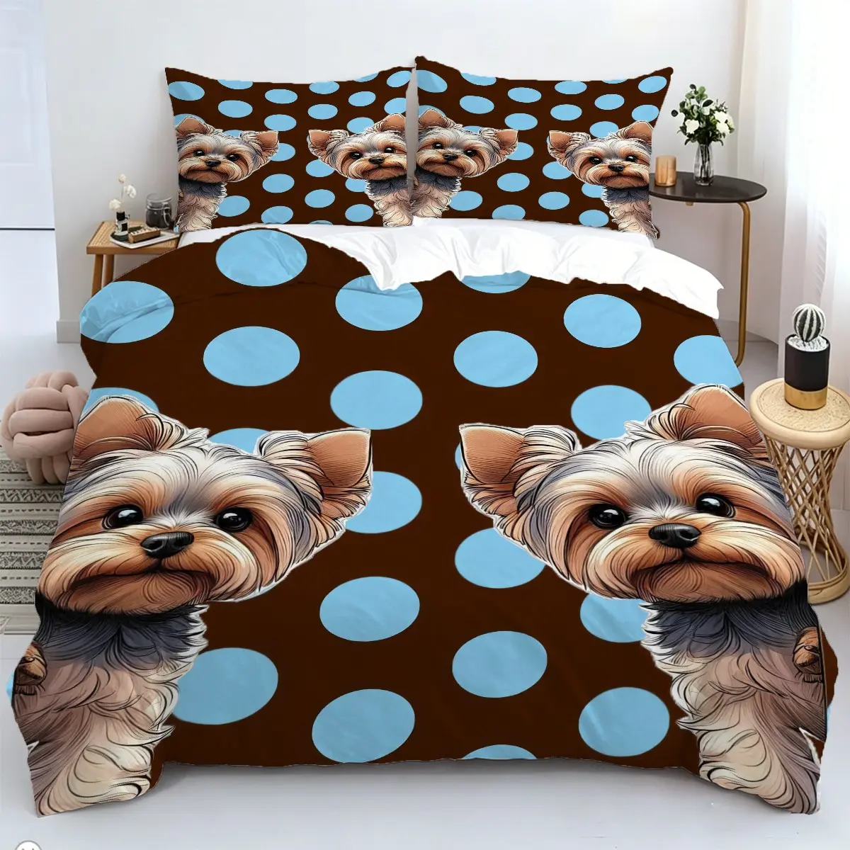 2/3pcs Cute Yorkie Dog Duvet Cover Set, Brown Blue Polka Dot Yorkshire Terrier Print Bedding Set, Decorative Duvet Cover With 1/2 Coreless Pillowcase Zipper Closure For Pet Lovers Bedroom Decor