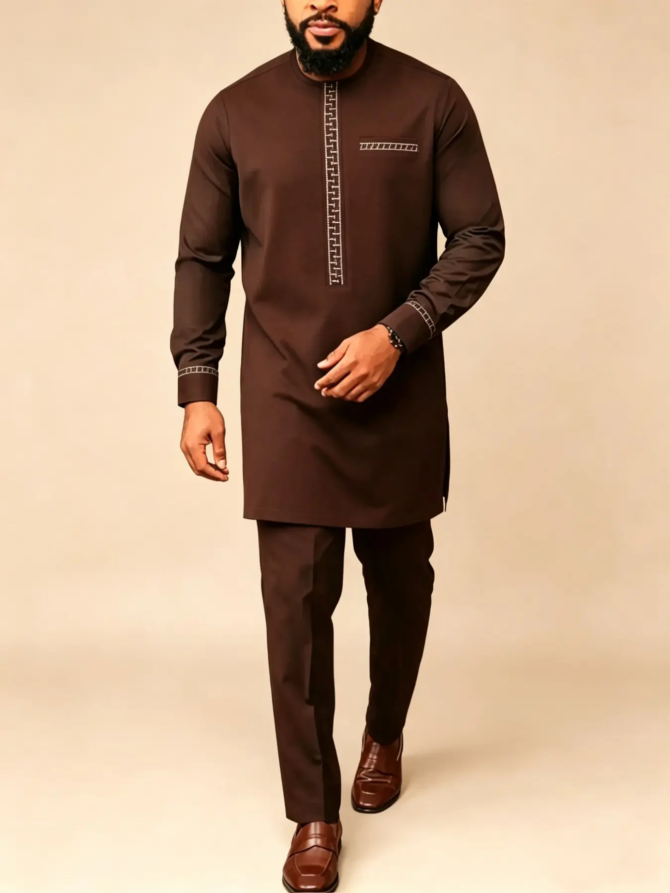 African Style Cultural Men's Suit, Formal Wear, Long Sleeve Embroidered Round Neck Shirt and Casual Pants, Traditional Clothing for Festivals and Weddings, Embroidery