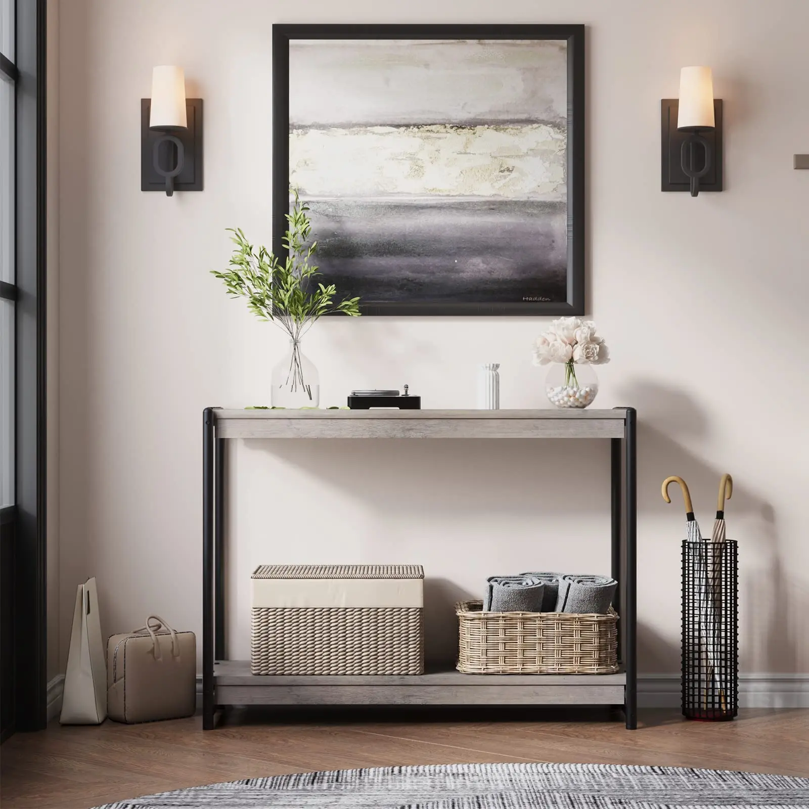 GARVEE40" Farmhouse Console Table with Slatted Design, 2-Tier Storage Shelf, MDF and Metal Frame, Rustic Grey Finish, Perfect for Entryway, Living Room, Hallway, Easy to Assemble