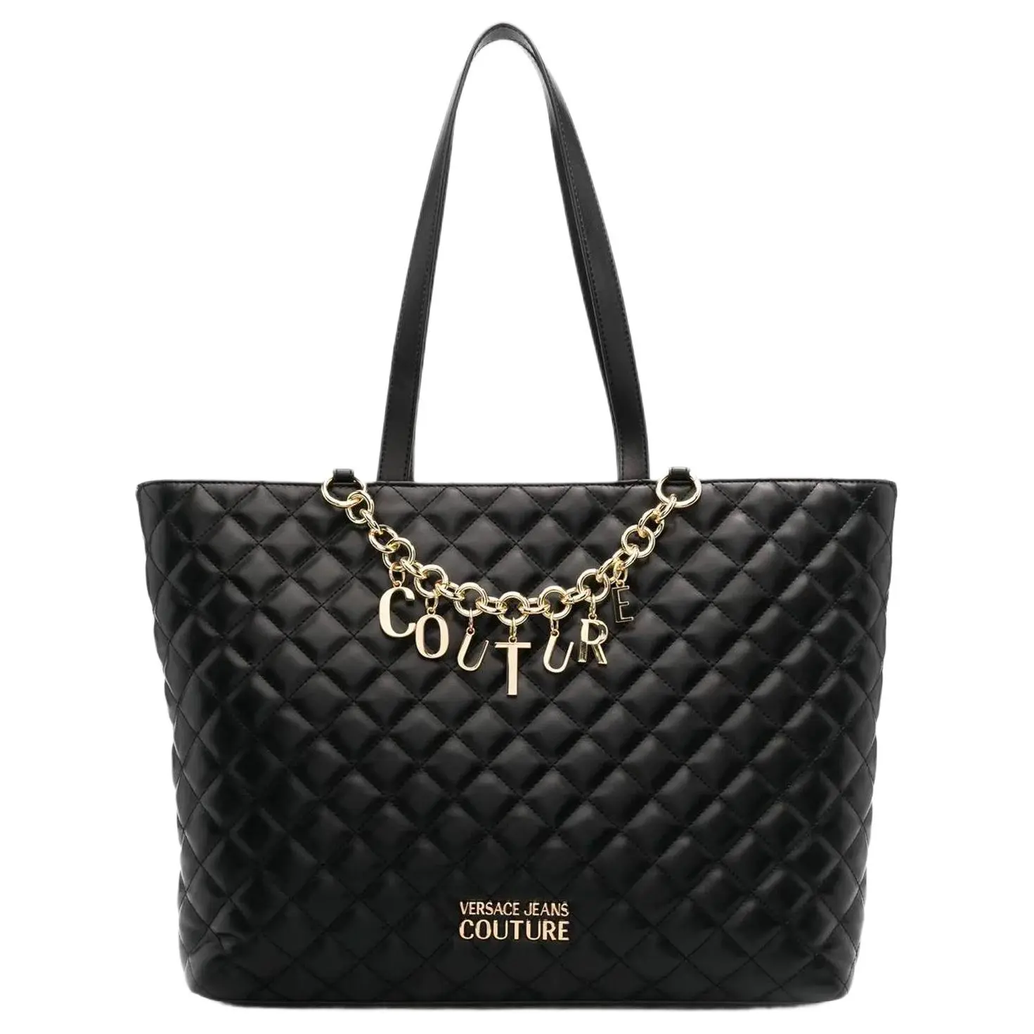 Versace Jeans Couture Polyurethane Quilted Logo Tote Bag for Women, Large Black