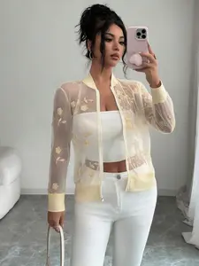 Women's Casual Floral Embroidered Mesh Zipper Bomber Jacket, Lightweight Spring Summer Outerwear, Trendy Fashion Top