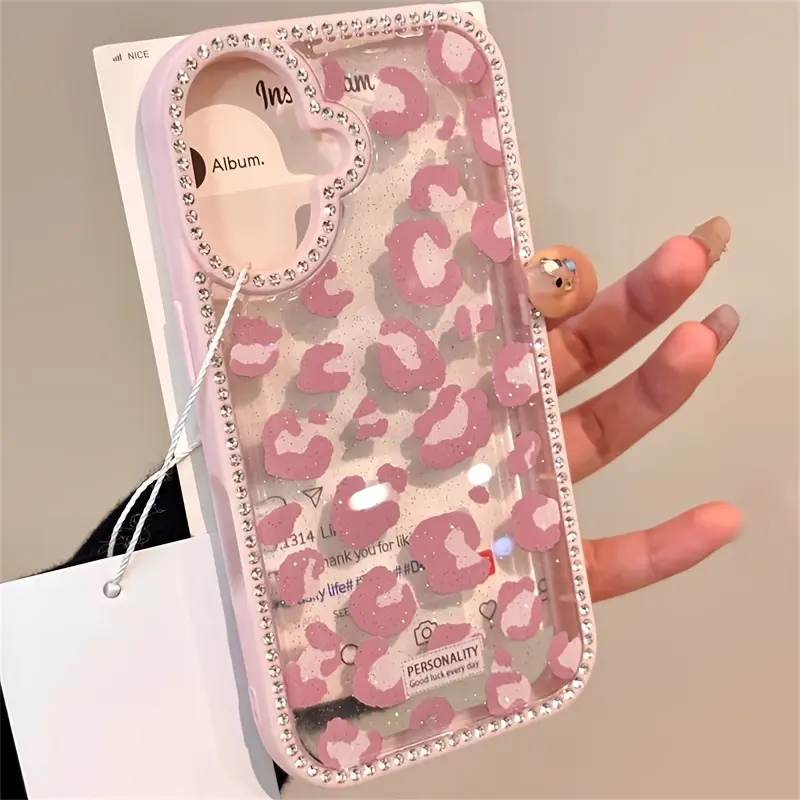 Coquette Pink Leopard Glitter Clear TPU Soft Phone Case, Shockproof Aesthetic Cover with Heart Rhinestone Camera Frame for iPhone 11-17, Air, Pro, Max fashionable protective anti-drop anti-fall fully protection