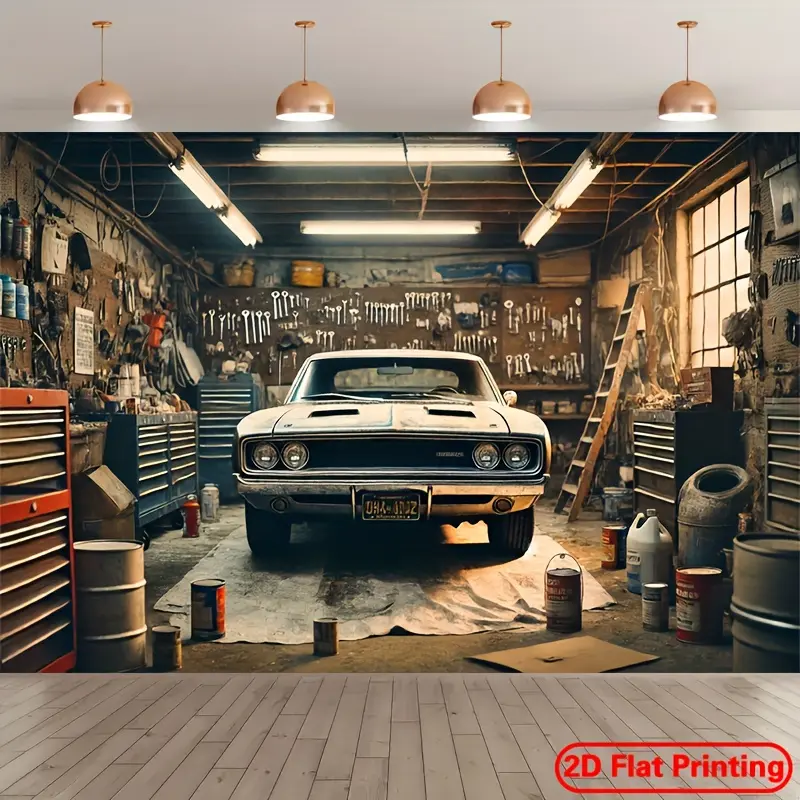 2D flat puzzle, polyester canvas tapestry, showcasing realistic workshop scenes, perfect for parties, studio props, and birthday decorations, showcasing vintage muscle car repair shop photography - tc