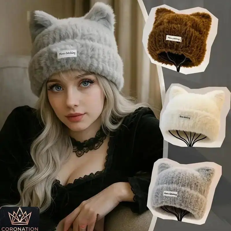 Unisex 2-Pack Plush Cat Ear Beanie Hats, Cute Y2K Aesthetic Animal Ear Winter Hat with Soft Fluffy Fabric, Kawaii Style Warm Knit Cap for Women Men Kids, Cozy Comfortable Headwear for Cold Weather, Outdoor Wear & Gift