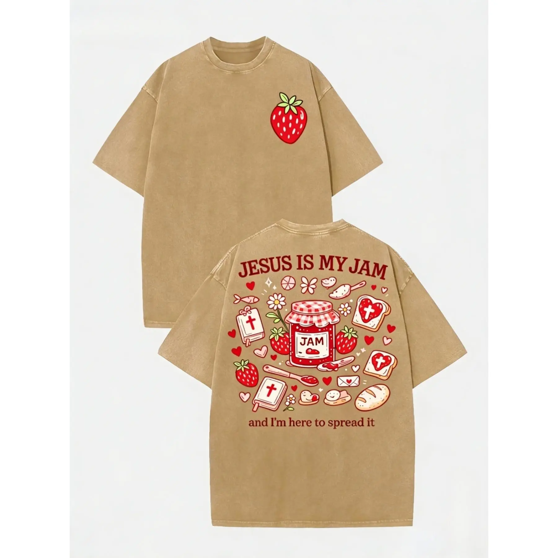 Jesus Is My Jam Graphic T-Shirt, Women's Casual Oversized Christian Top, Double-Sided Vintage Washed Baggy Lightweight Cotton Jesus T-shirt Oversized Streetwear Tee