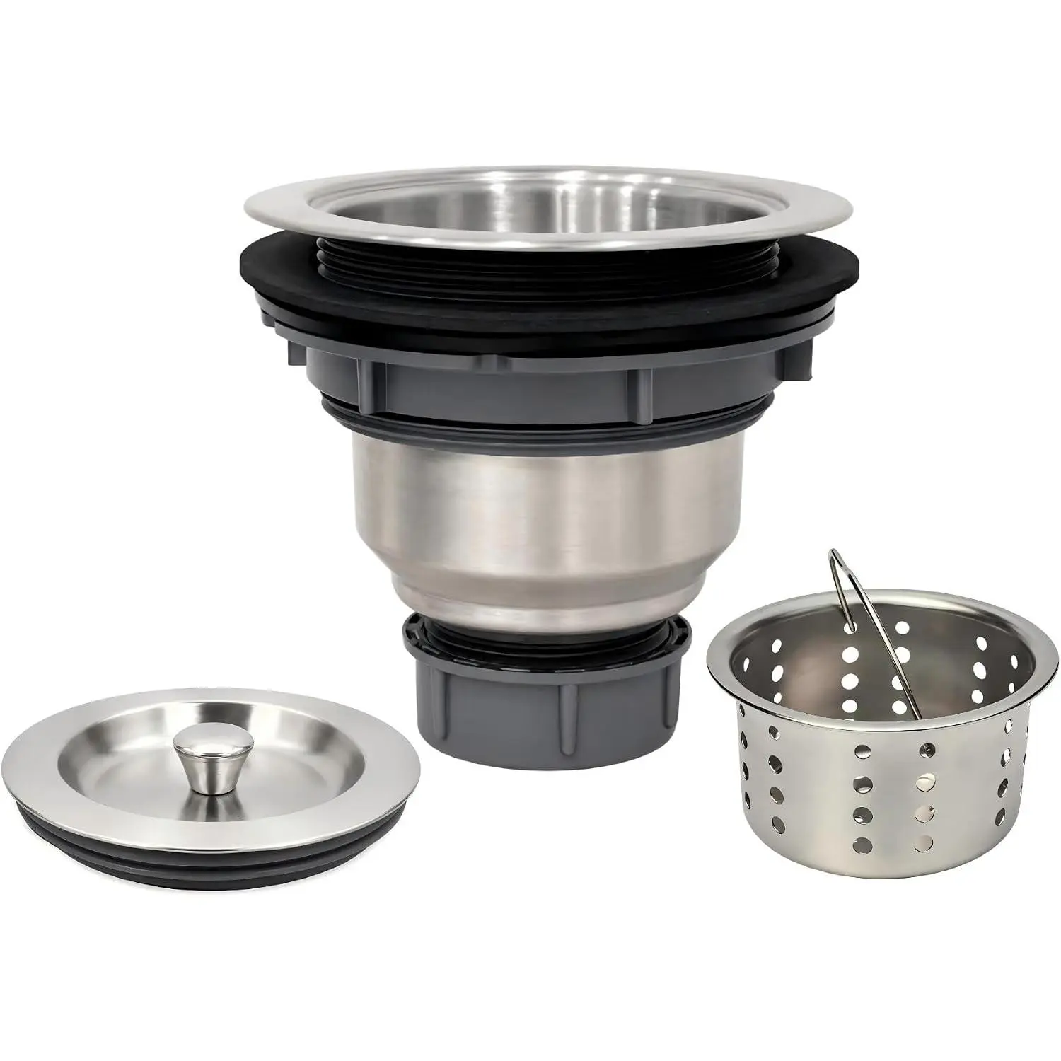 Kitchen Sink Drain Assembly Kit, 3-1/2 Inch Brushed 304 Stainless Steel Basket Strainer with Deep Removable Basket, Stopper & Cover Lid, Fits Standard Kitchen Sinks
