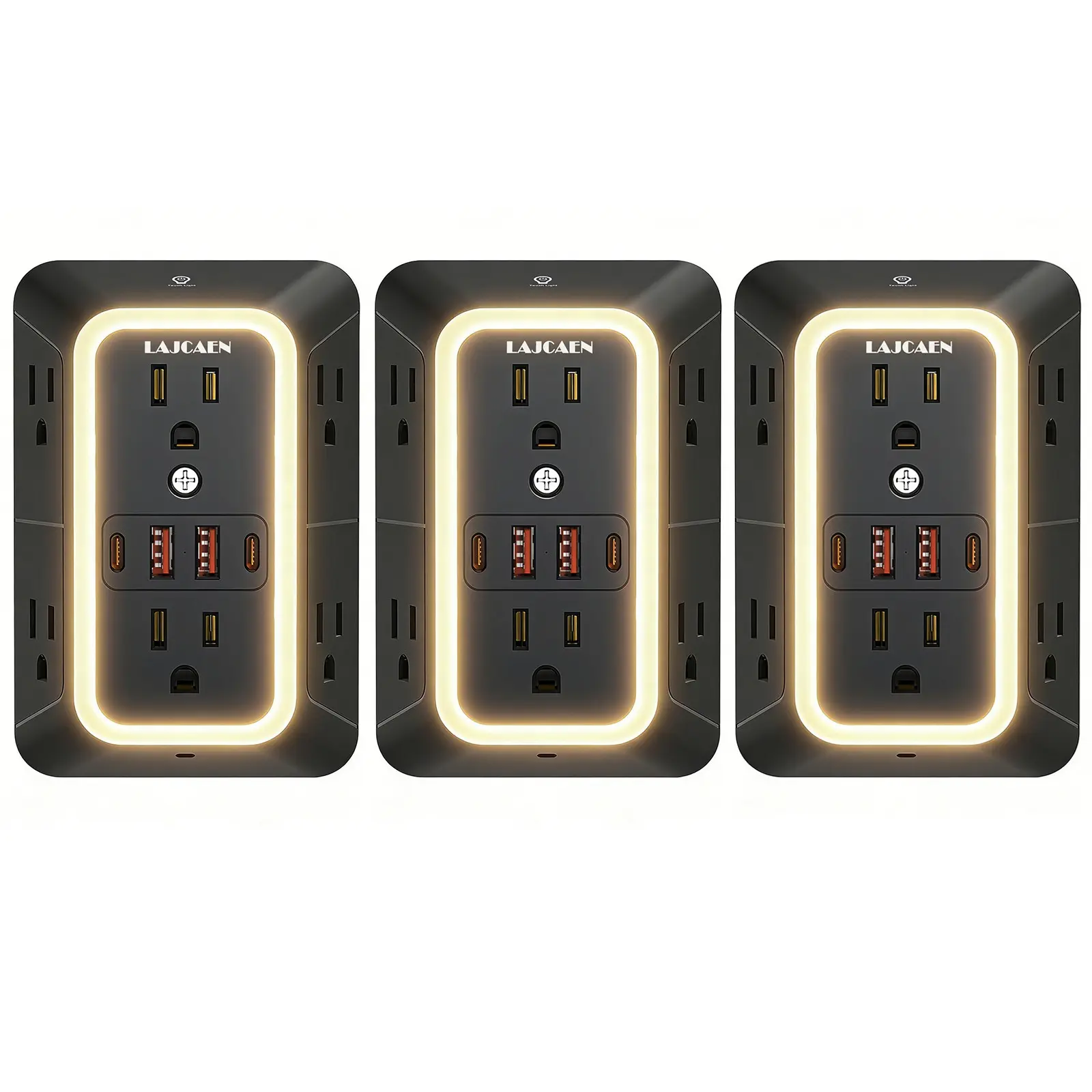 3 Pack 10in1 Smart Multi Plug Outlet With Night Light, 2026 NEW LAJCAEN USB Wall Charger 6 Wide AC Outlet Extender with 4USB Ports (2A+2C), Wall Power Suitable for Home Dorm Room Apartment，ETL