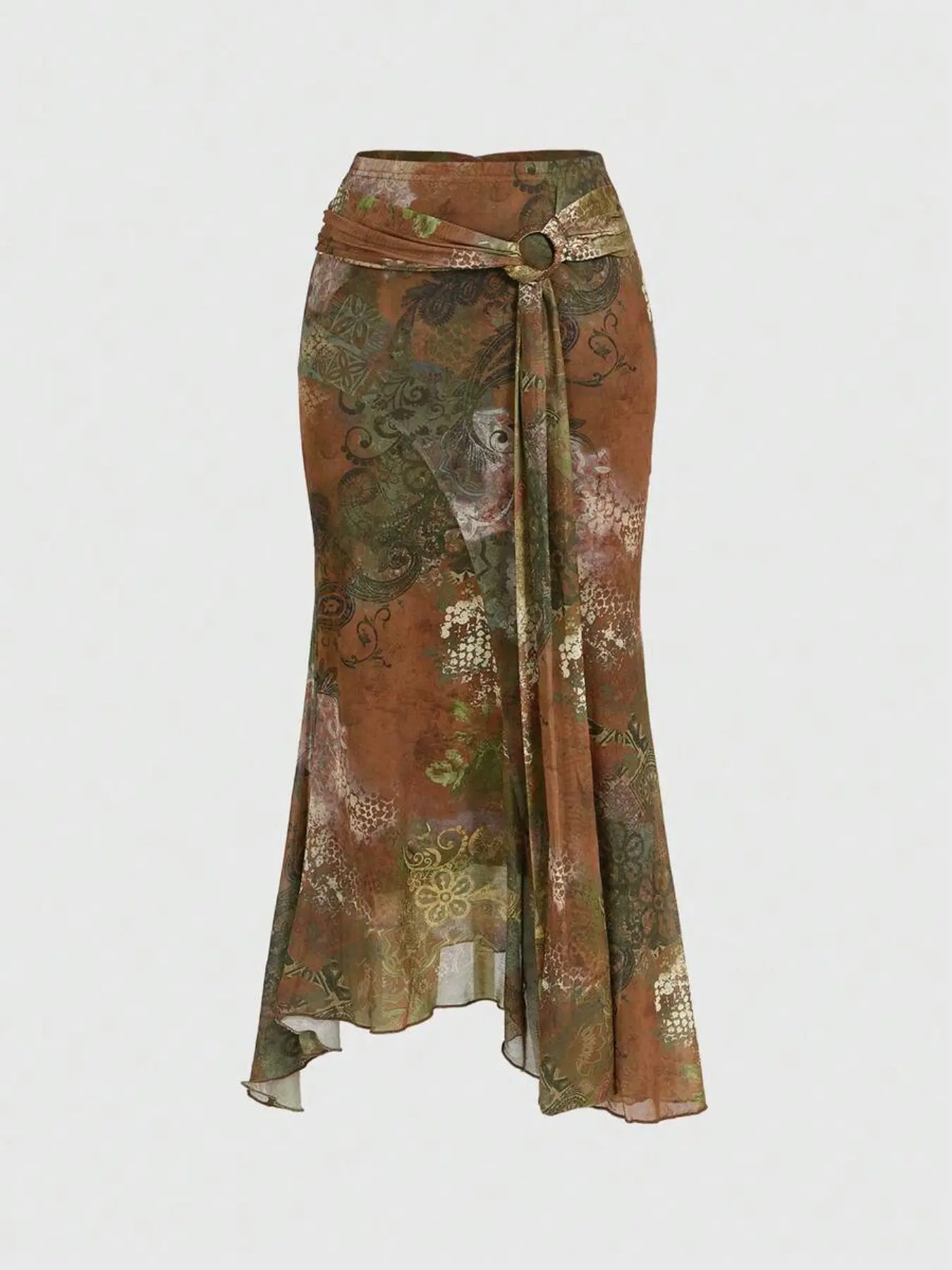Boho Style Bohemian Women's Vintage Asymmetrical Hem Paisley Pattern Print A-Line Skirt, High Waist Ruffle Hem Midi Dress, Elegant Belted Wrap Skirt