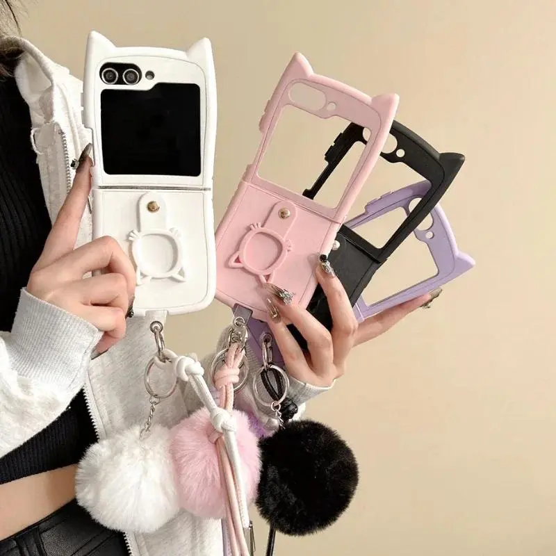 3D Cat Ear Ring Case for Samsung Galaxy Z Flip 3 4 5 6 7 8 Flip7 Flip6 Protect Lovely Flip5 Flip8 2-PIECE Set Cute Cover Gift