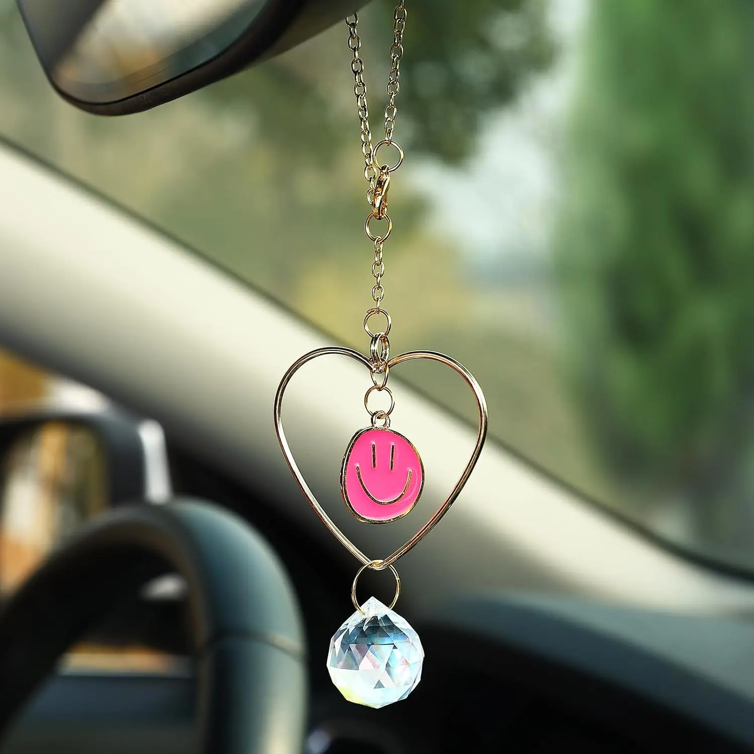 Boho Rose Smiley Beaded Heart Swinging Rear View Mirror Accessory - Lightweight, Playful Car Interior Decor for Women, Decorative