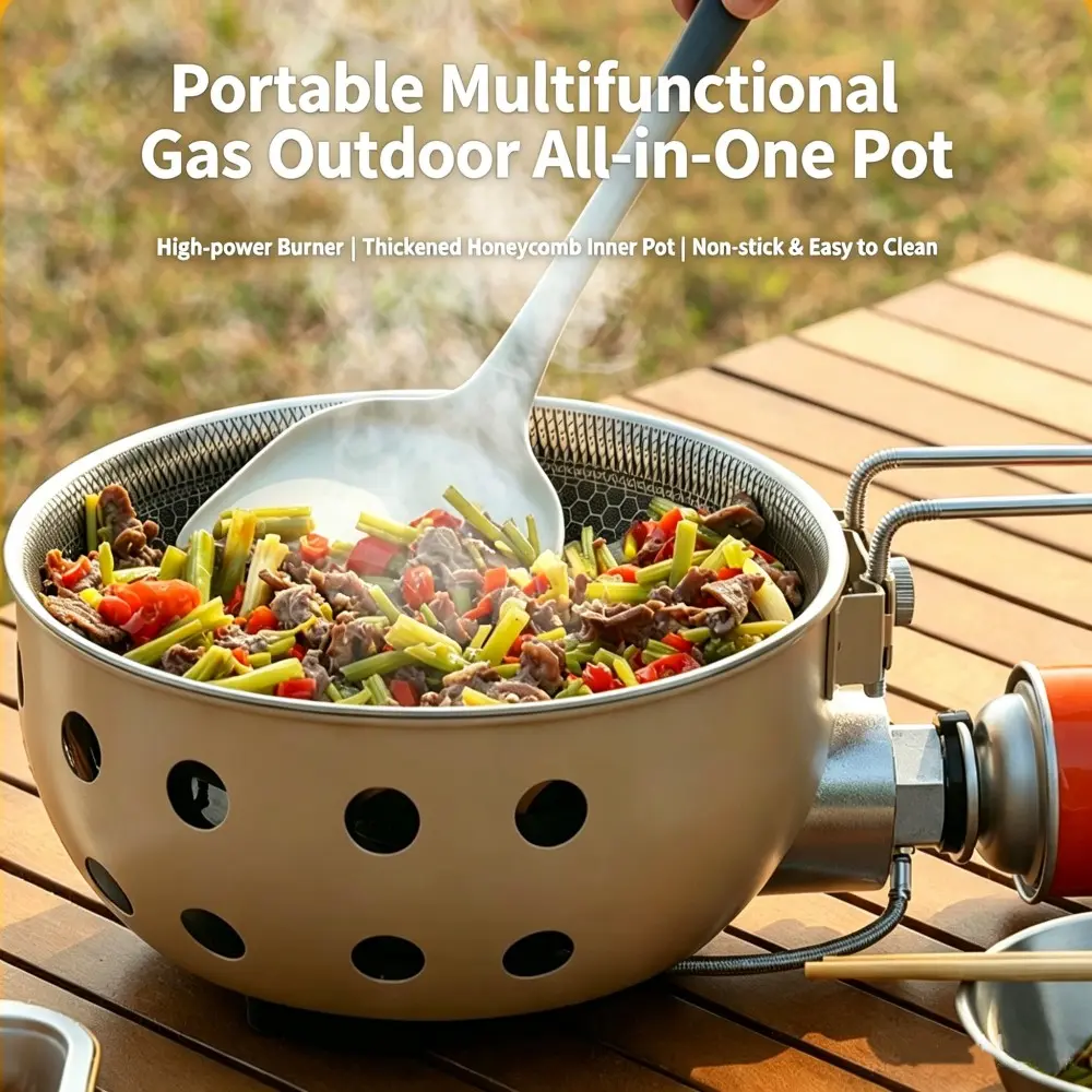 Portable All-in-One Outdoor Gas Stove Pot, Camping Supplies, Multifunctional Camping Cookware, Outdoor Cooking System with High Power Burner, Thickened Honeycomb Non Stick Liner, Windproof Design Easy to Clean for Camping Hiking Road Trip