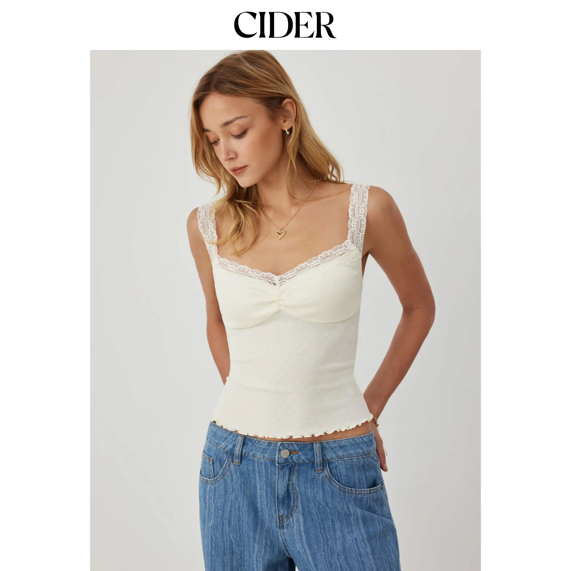 Cider Pointelle Scoop Neck Ruched Lace Trim Lettuce Hem Cami Top