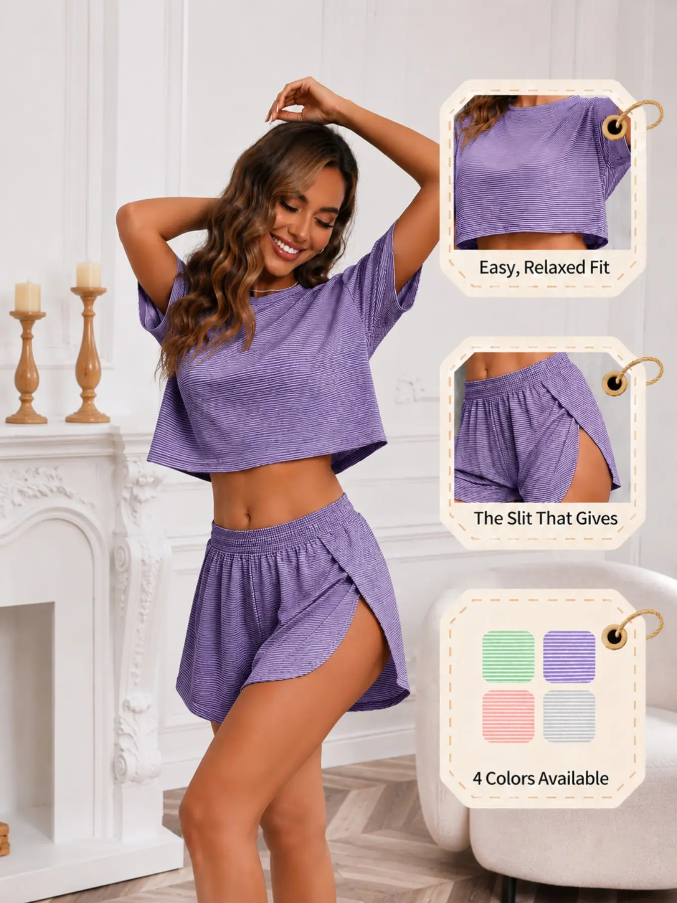 Women's Striped Loose-Fit Soft Summer Pajama Set, Casual Ribbed Knitted Short Sleeve Cropped Top and Shorts, Side Split Design, Ideal for Home Wear, Loungewear, Comfy Nightwear, Everyday