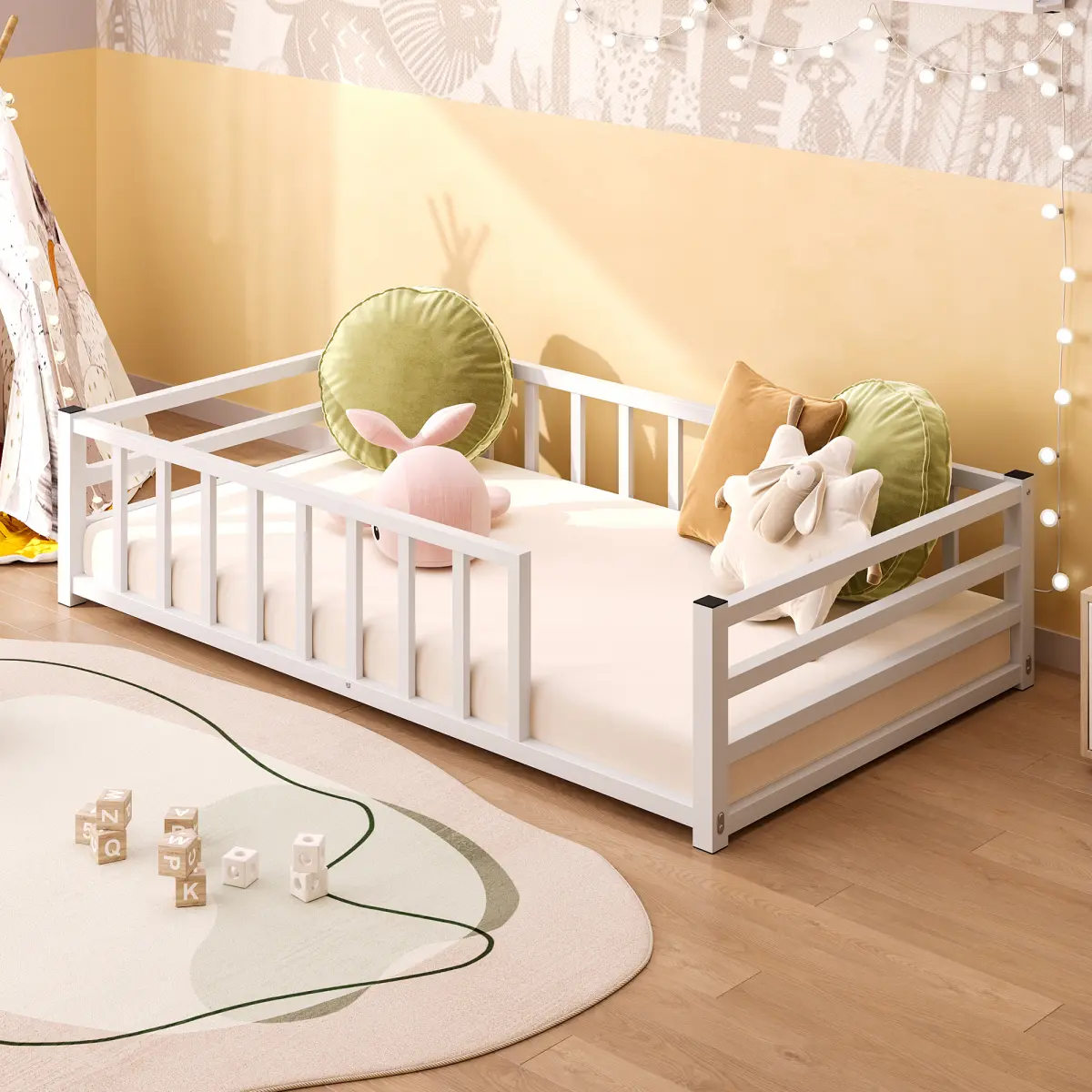 [Bellemave] Twin/Full Size Metal Floor Bed with Rails and Door,Montessori Bed for 2-5 Year Olds, Low Profile Platform for Safe Independent Sleep, Heavy Duty Guardrails, No Box Spring Needed