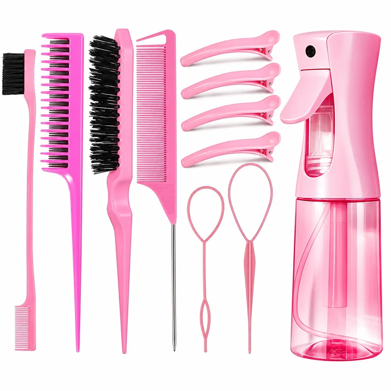 11PCS Hair Styling Set with Fine Mist Spray Bottle, Edge Brush, Rat Tail Comb, Sectioning Clips & Loop Tools for Smooth Edges, Clean Parts, Easy Styling, Less Pulling & Breakage, Gentle Hair Care, Frizz Control, Wet & Dry Hair Styling Aid