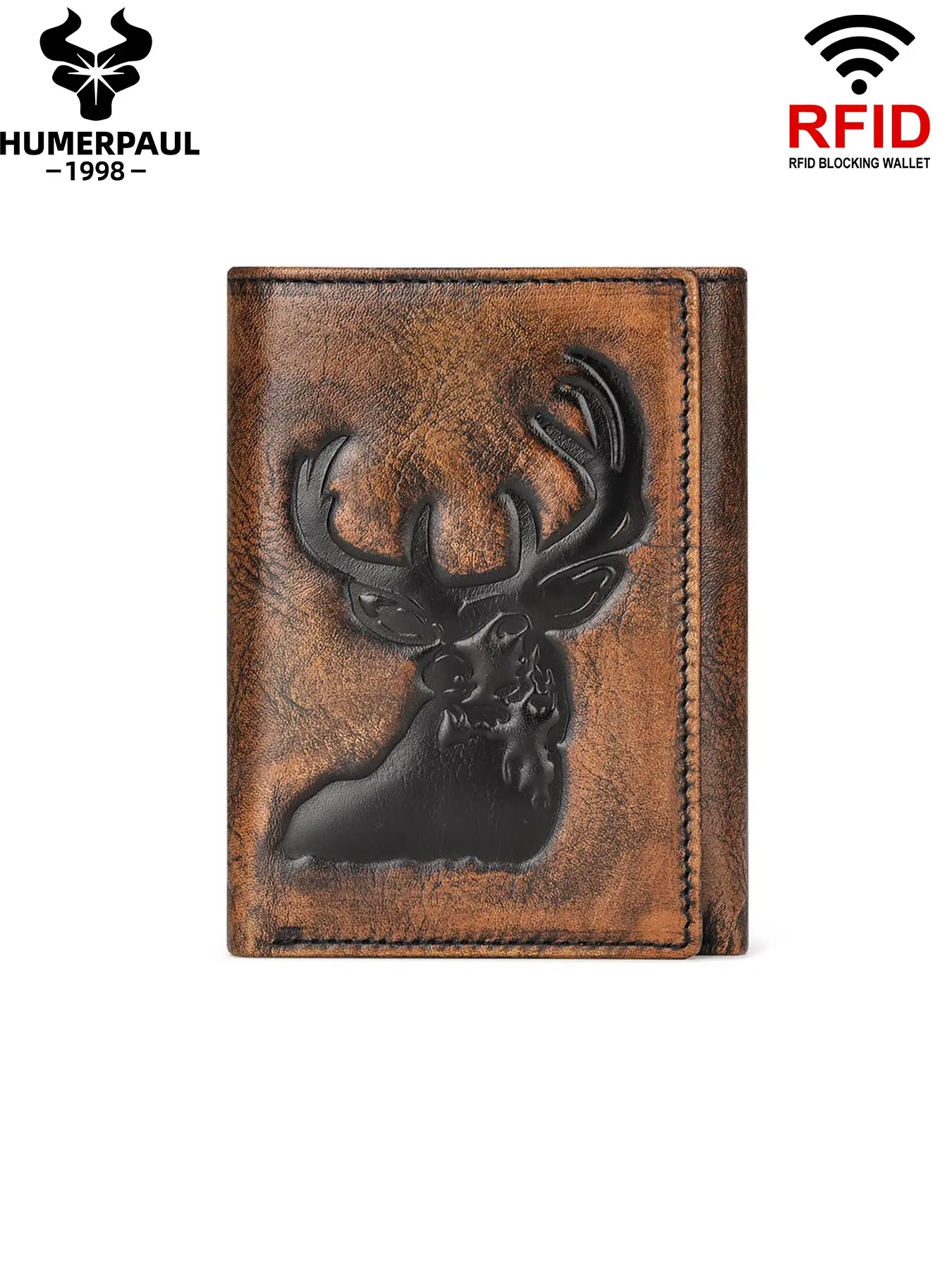 HUMERPAUL Men Fashion Cowhide Leather Wallet RFID Blocking Multi-Card Slot Photo Window Foldable Travel Gift Casual Style