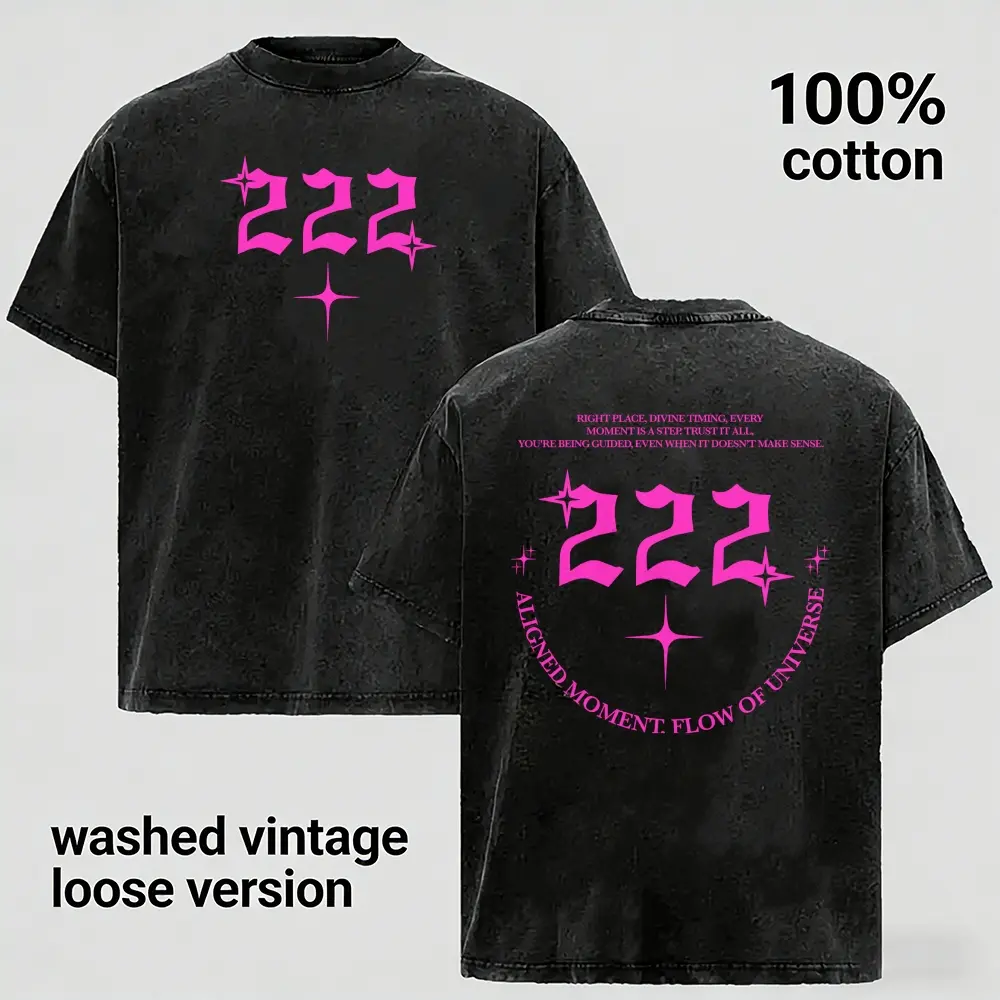 Vintage Washed 222 Angel Number Star Dual Front Back Graphic T Shirt Men Loose Oversized 100% Cotton Streetwear Tee Perfect Gift For Guys