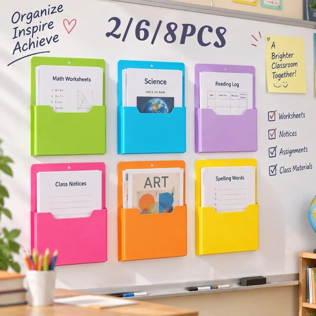 Magnetic File Folder 2/6/8 Pcs File Organizer, Documents Organizer for Classroom Wall Mounted Storage Refrigerator Magazine Mail Letter and Paper Holder for Teacher Organization School Whiteboard Office Supplies, Back To School/Christmas Gift