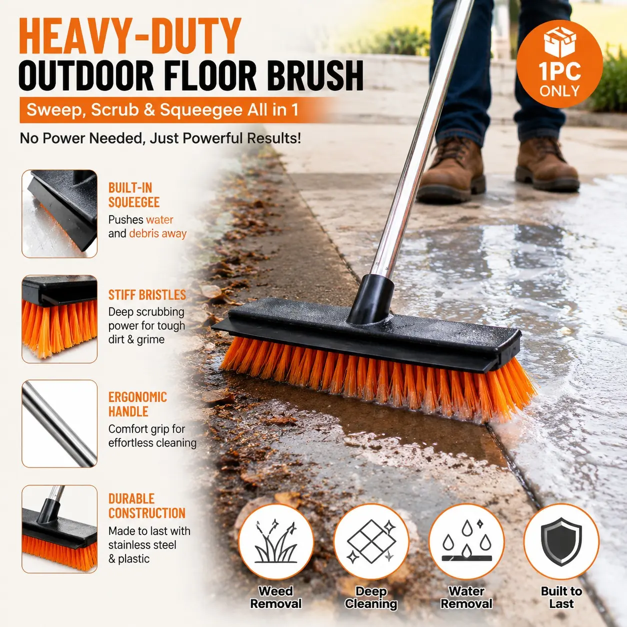 Outdoor Ground Cleaning Brush, Water Scraping System, Hard Bristles, Ergonomic Handle, Durable, Stainless Steel/polymer