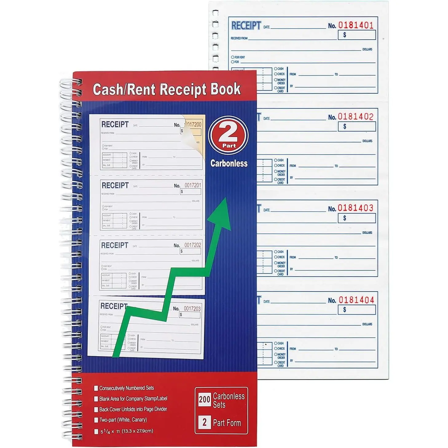& Rent Receipt Book Spiral Bound Payments for Business Records |  Receipt Book 2-Part Carbonless,200 Sets, 5-1/4" x 11",White & Canary Copies Numbered Forms for  Transactions