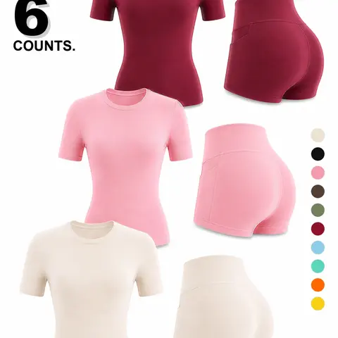 【Black Friday】Women's Fitness Set, Matching Gym Set, Fitness Activewear, Casual Comfortable Sportswear, Slim Fit Short Sleeve Top, High Waist Water-Resistant Shorts, All Seasons, Fitness Outfits