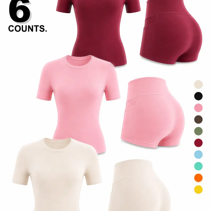 【Black Friday】Women's Fitness Set, Matching Gym Set, Fitness Activewear, Casual Comfortable Sportswear, Slim Fit Short Sleeve Top, High Waist Water-Resistant Shorts, All Seasons, Fitness Outfits