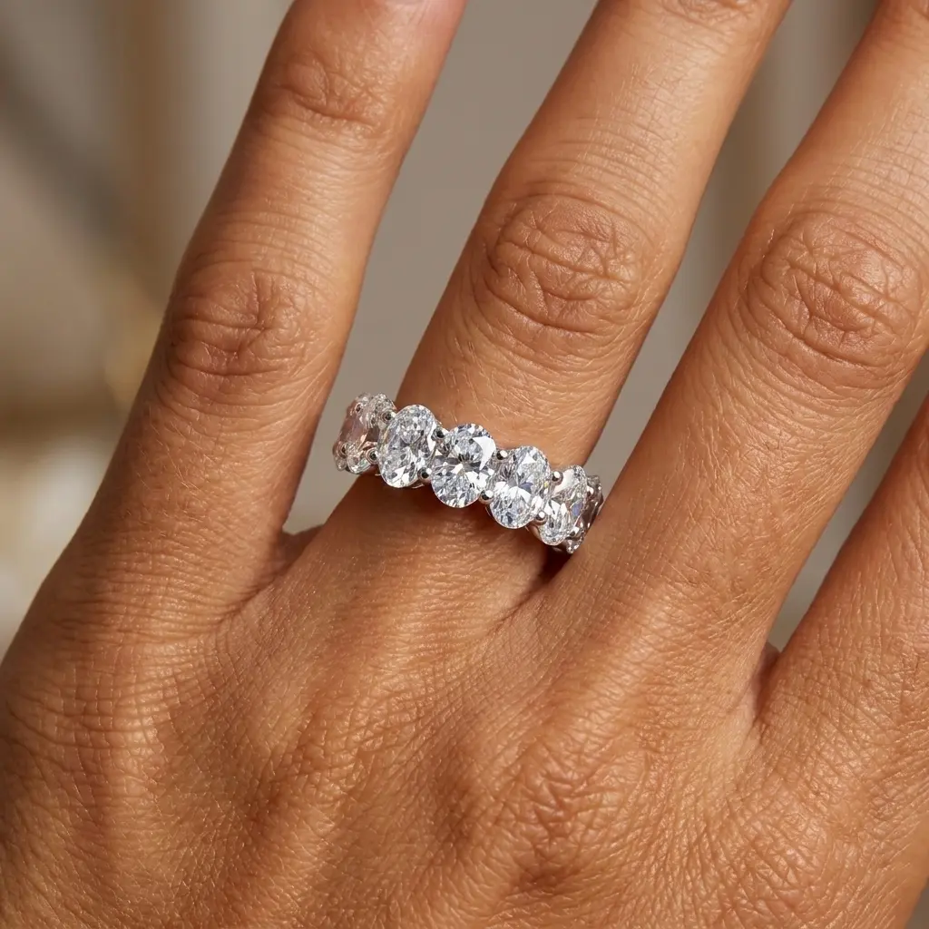Classic Oval Cut Cubic Zirconia Eternity Band, 925 Sterling Silver Wedding Ring Alternative mothers gift Elegant Ring