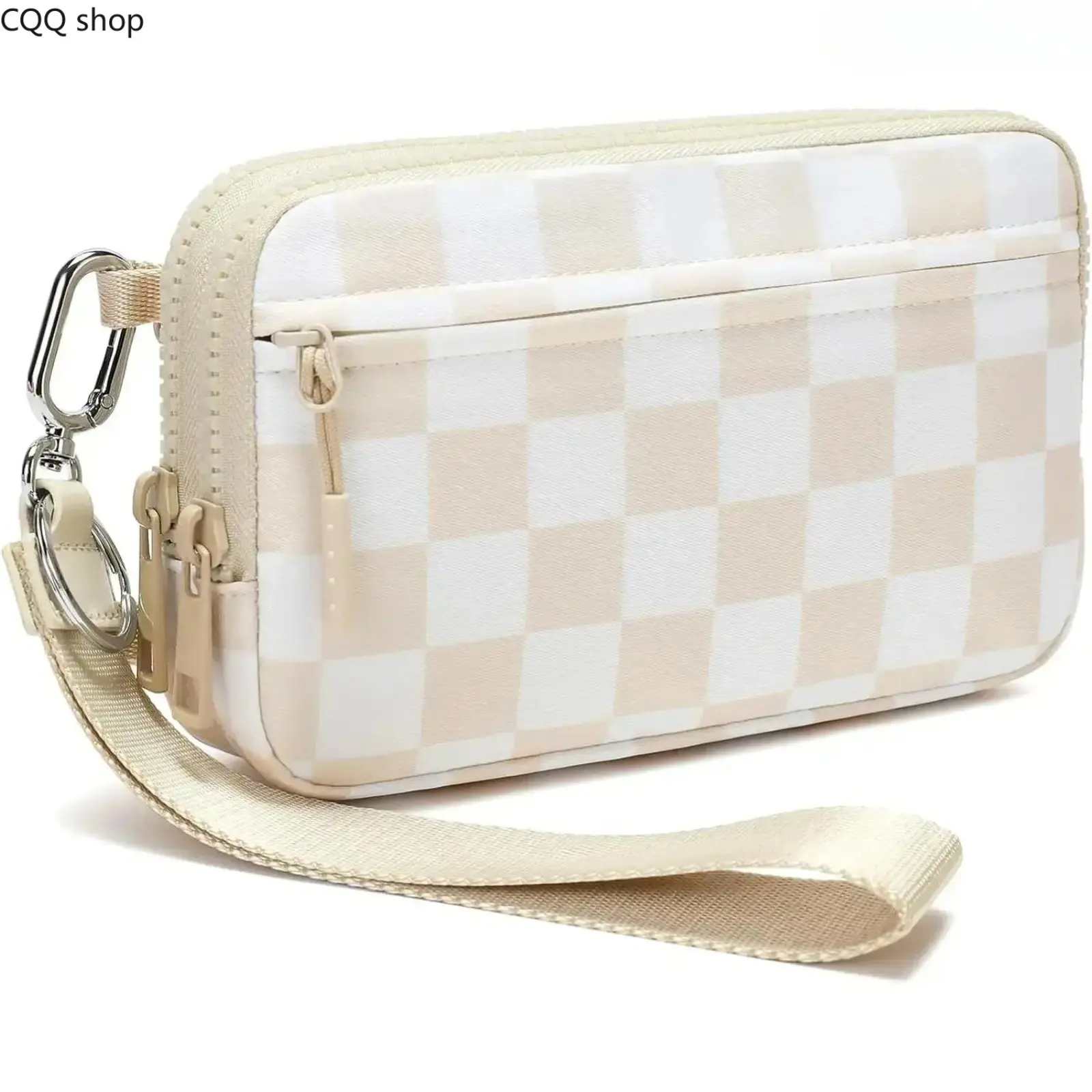 Women’s Minimalist Nylon Quilted Wristlet Wallet - 4-Zipper Travel Organizer with Adjustable Checkered Strap for Cards & Phone