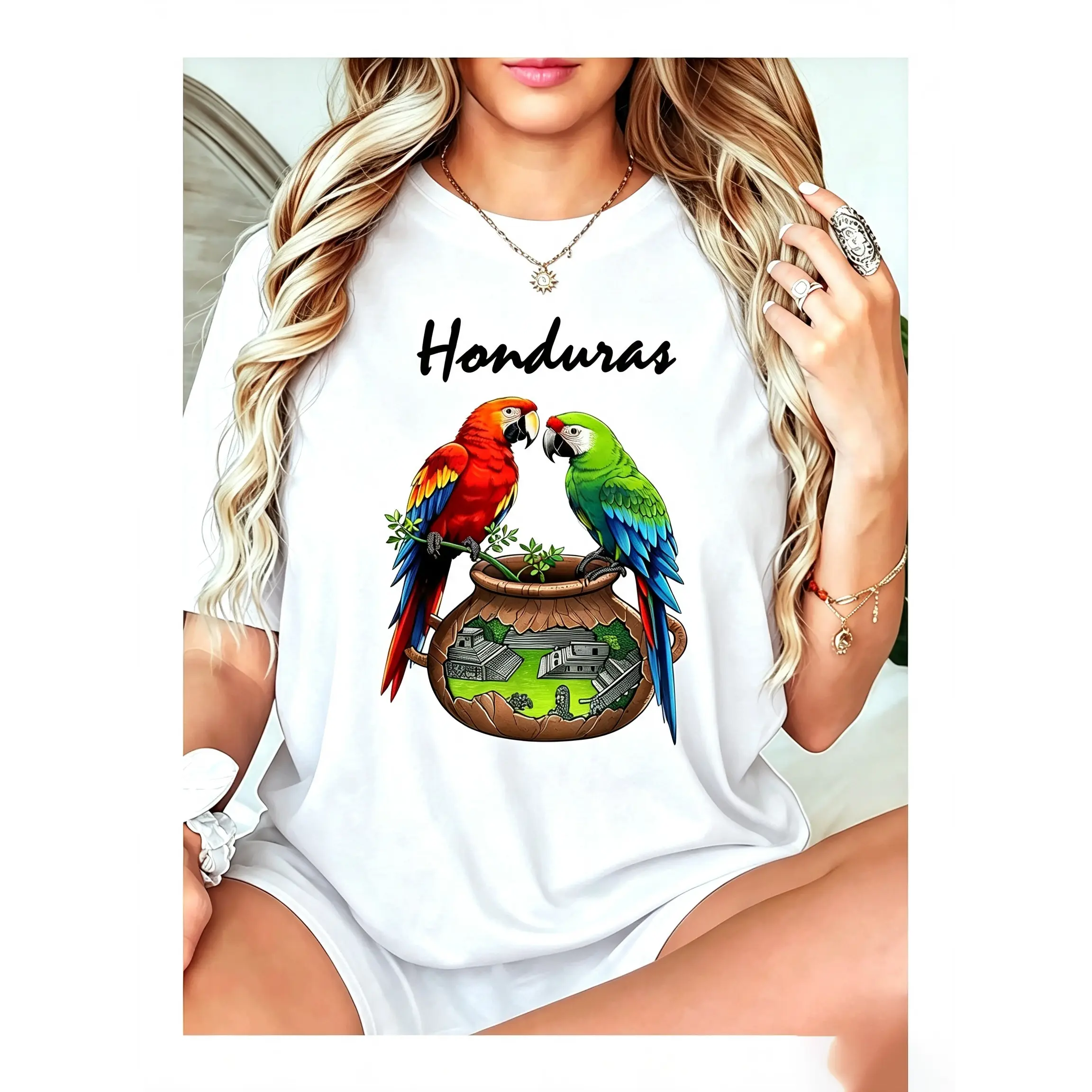 Unisex Short-Sleeve Fitted Sports T-Shirt - Honduras Parrot Print, Central Theme Cultural Landscape, Soft Cotton Twill Breathable Apparel for Heritage-Inspired Casual Wear