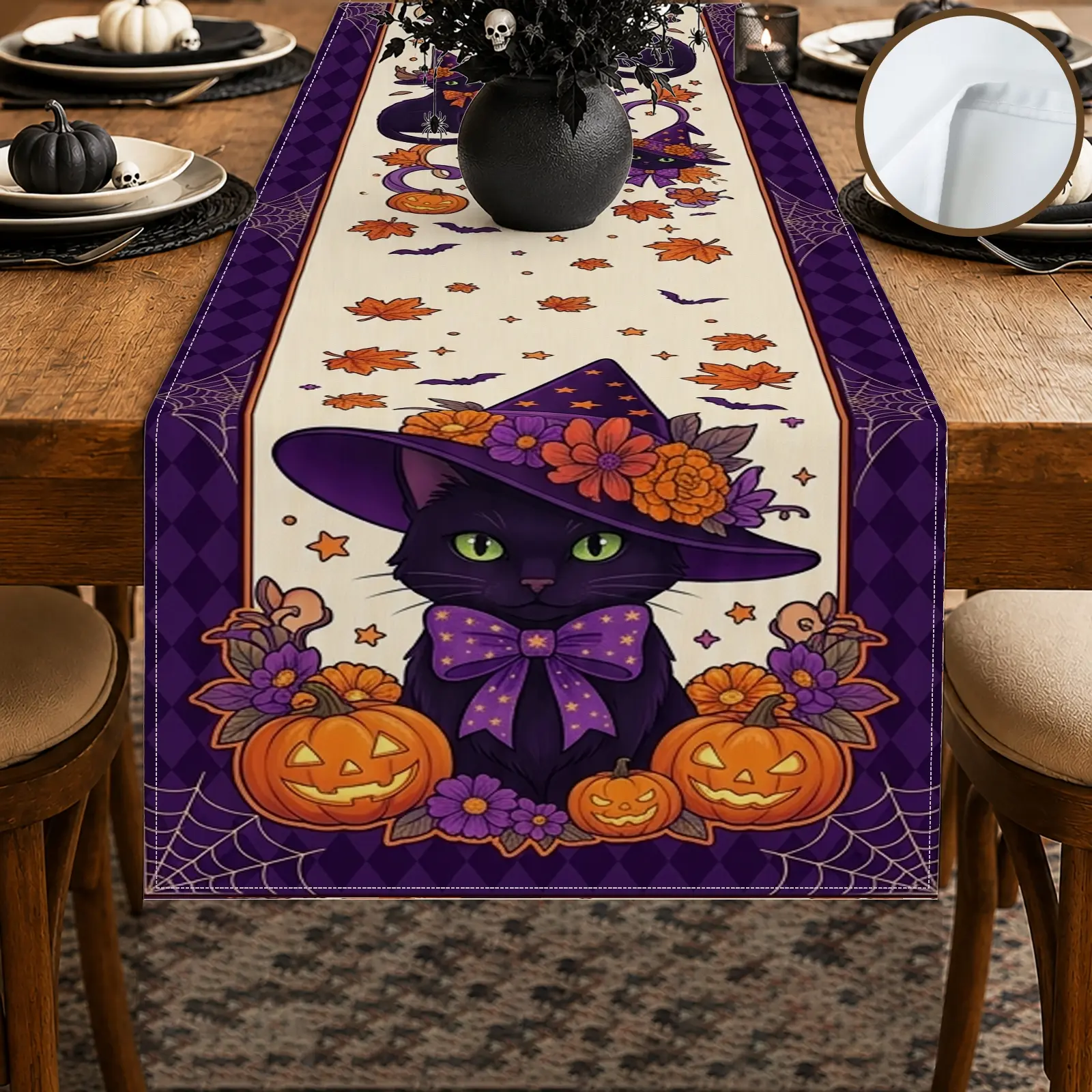 1pc Black Cat Pumpkin Witch Table Runner, Halloween Style, Seasonal Graphic Print, for Dining Table Halloween Party Home Decor Fall Decor