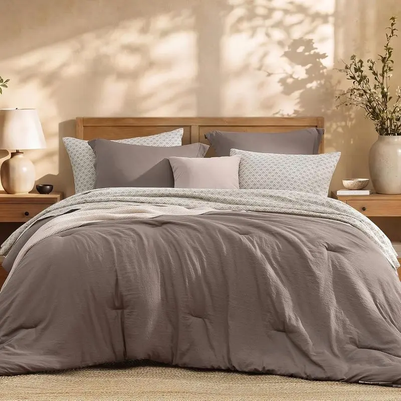 7-Piece Oversized King Polyester Bedding Set, Solid Print Wrinkle-Free All-Season Comforter Bed-in-a-Bag with Soft Brown Sheets, Pillowcases & Shams