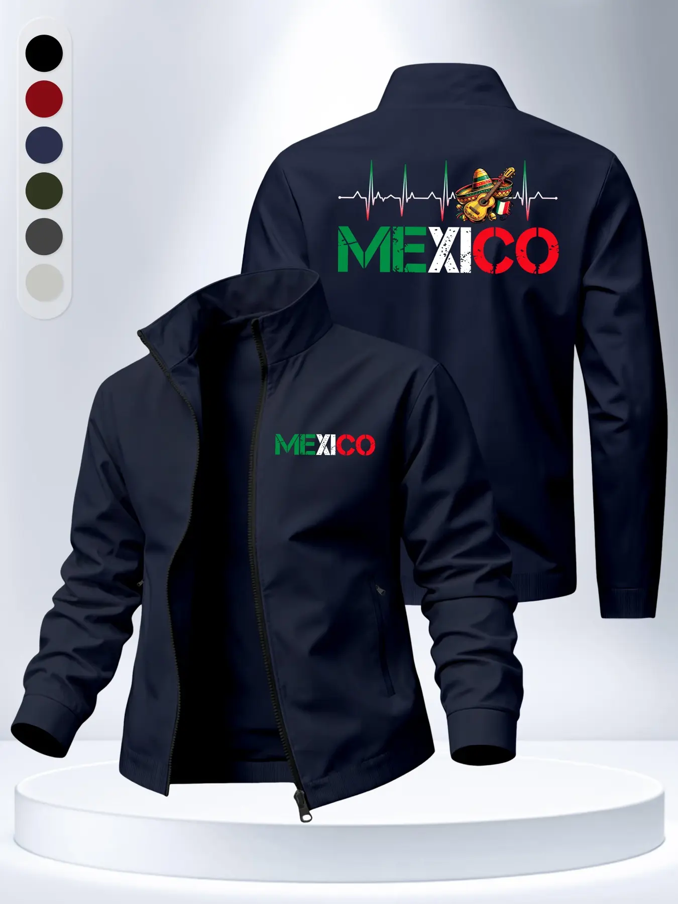 Mexican Culture Men's Stand Collar Long Sleeve Jacket, Straw Hat Guitar Ecg Print, Side Hidden Zip Pocket, Casual Sport Coat, Fall & Winter Fashion, Casual Streetwear Jacket