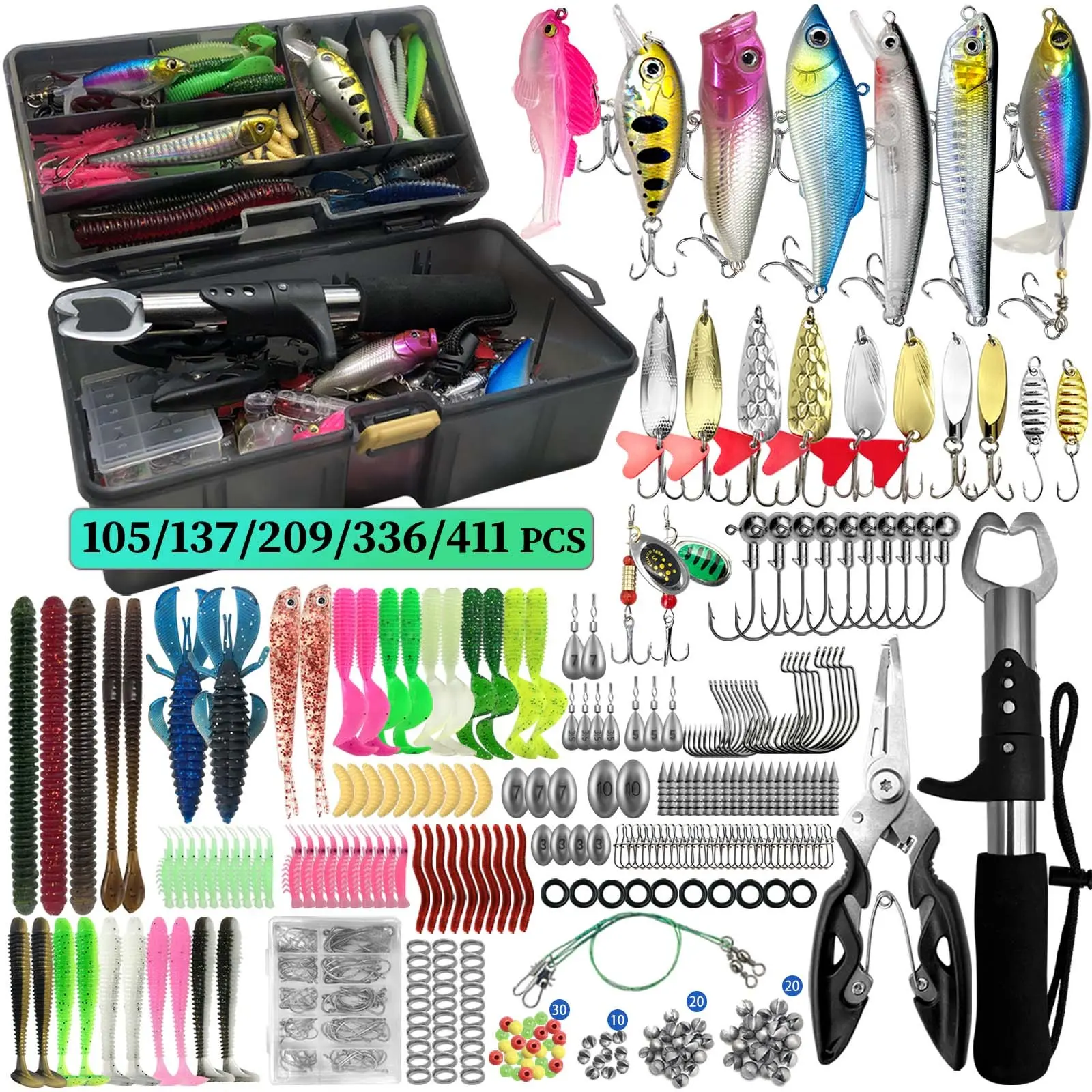 105/137/209/336/411 pcs Fishing Lure Set, Fishing Lures Kit, Artificial Lures with Storage Box, Includes Hard Bait, Soft Bait, Hooks, Accessories, Men's Fishing Gift